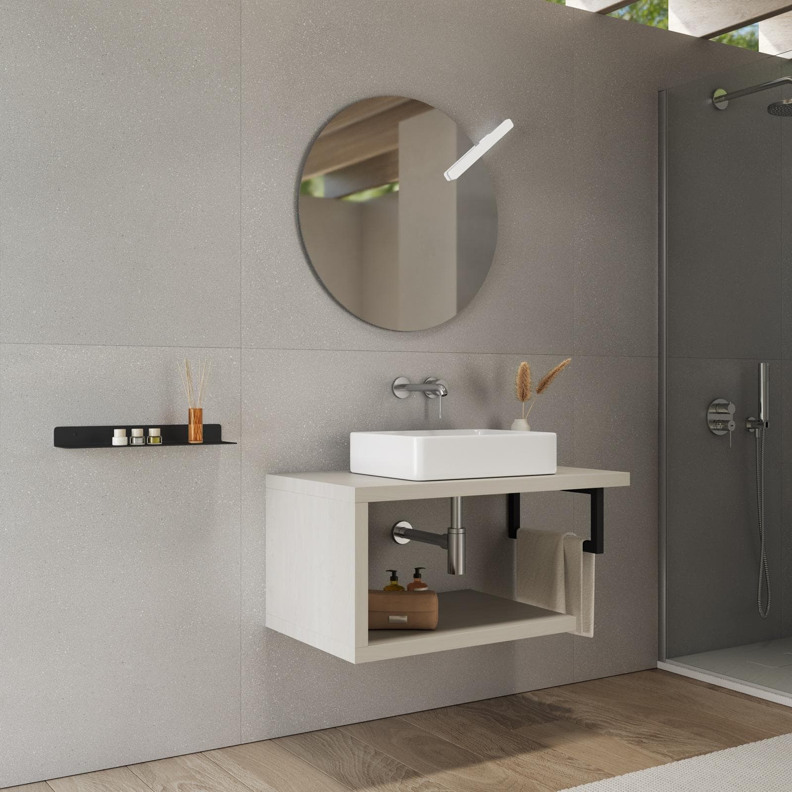 Mensolone bagno 80 cm con ripiano in legno rovere bianco e portasalviette nero opaco - Plain