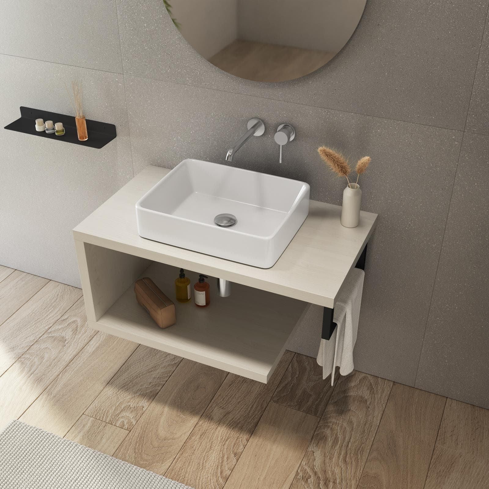 Mensolone bagno 80 cm con ripiano in legno rovere bianco e portasalviette nero opaco - Plain