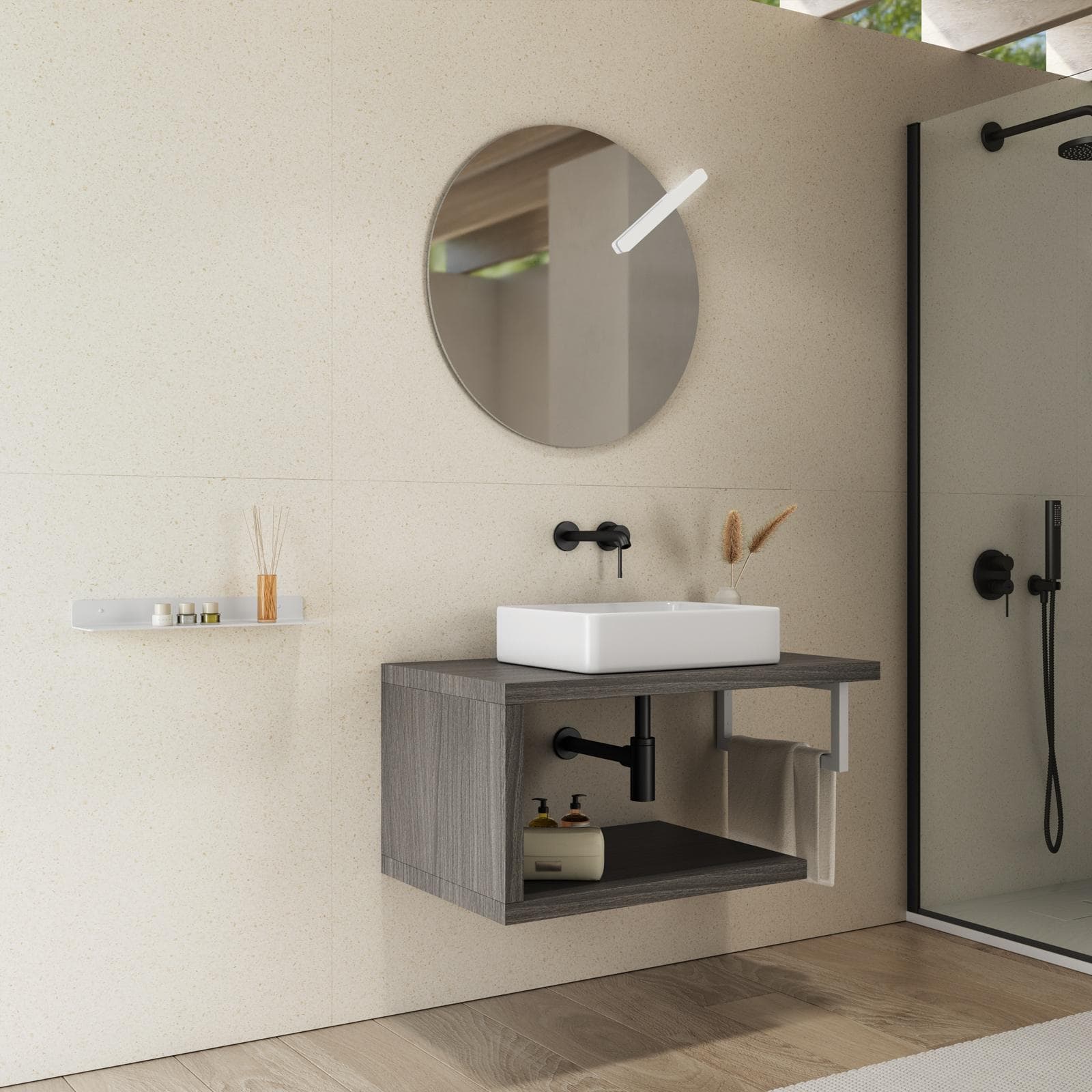 Mensolone bagno 80 cm con ripiano in legno rovere grigio e portasalviette bianco opaco - Plain