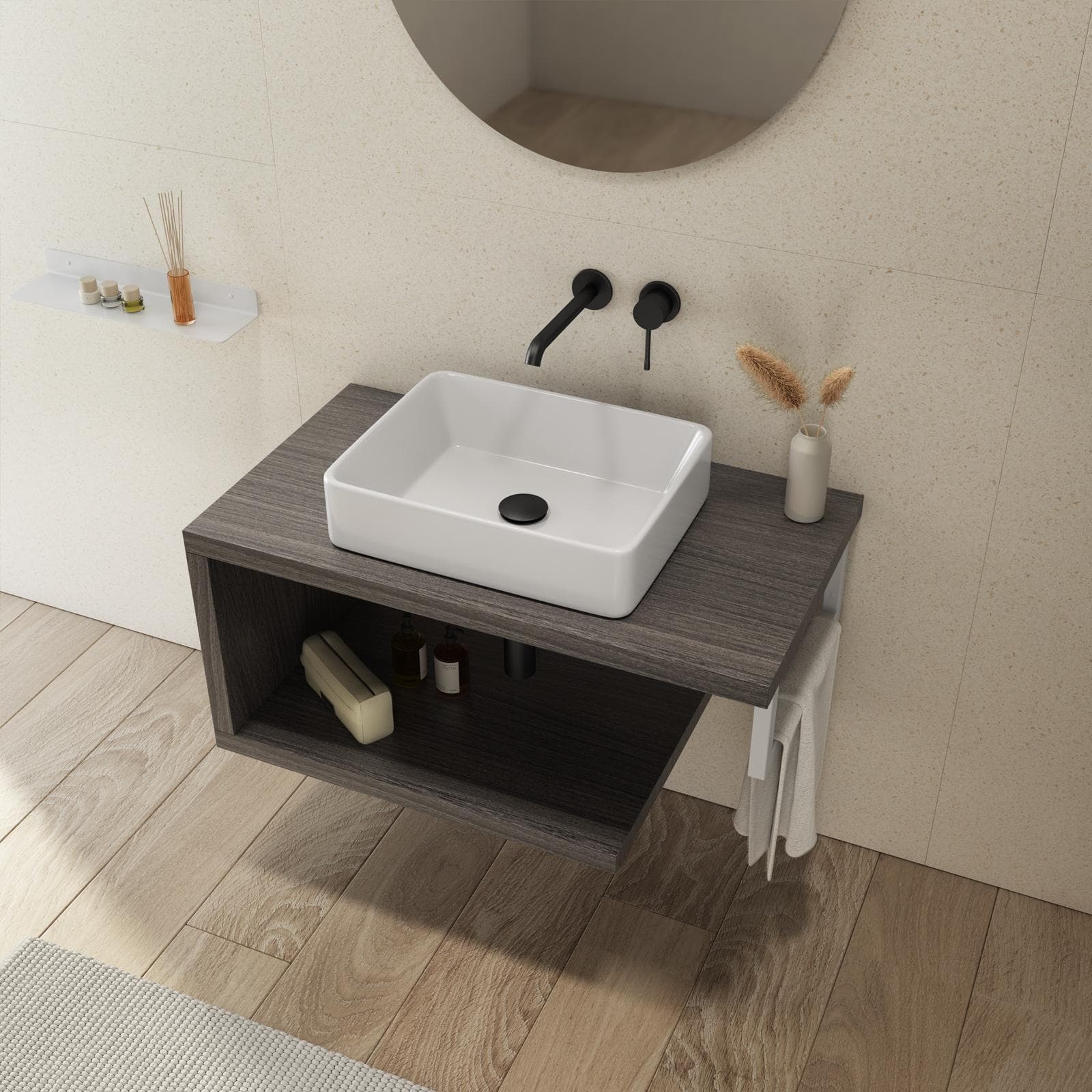 Mensolone bagno 80 cm con ripiano in legno rovere grigio e portasalviette bianco opaco - Plain