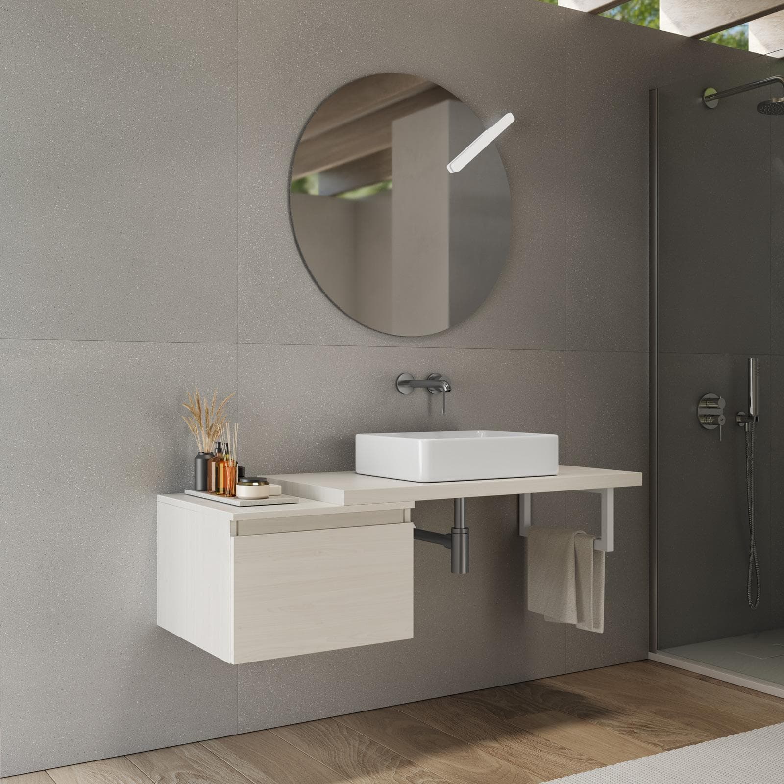 Mensolone bagno 90 cm con cassetto sospeso 50 cm in legno rovere bianco - Plain