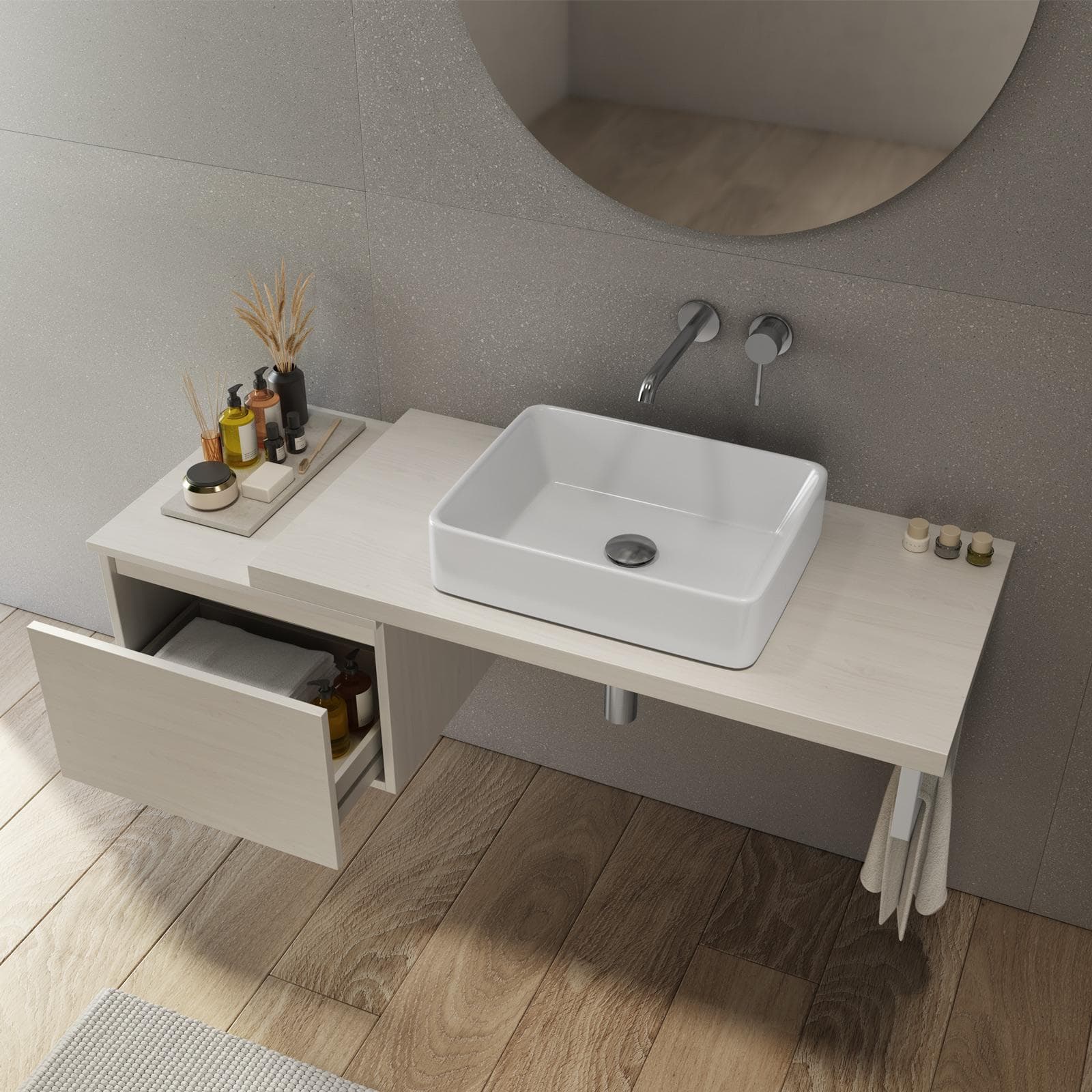 Mensolone bagno 90 cm con cassetto sospeso 50 cm in legno rovere bianco - Plain