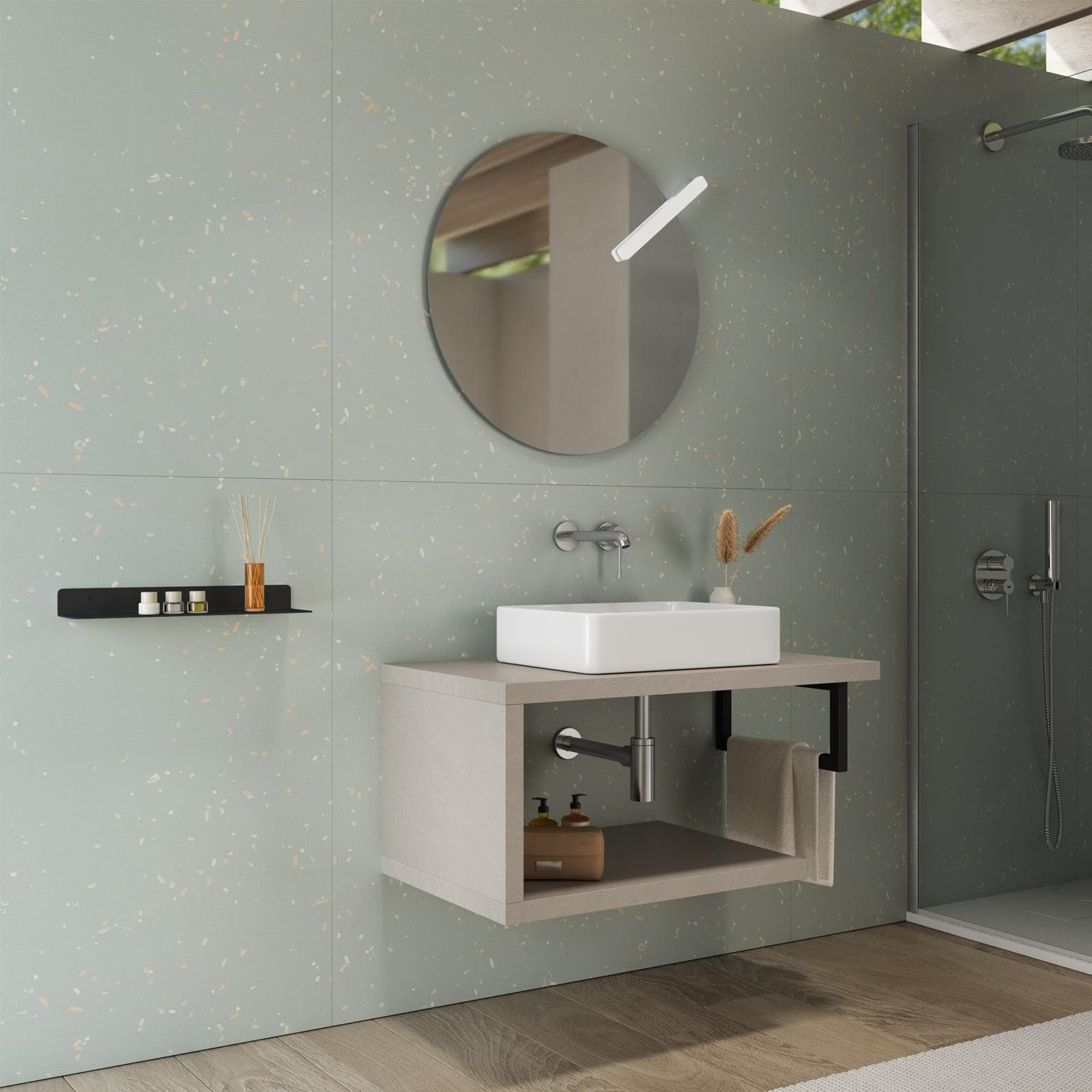 Mensolone bagno 90 cm con ripiano in legno argilla e portasalviette nero opaco - Plain