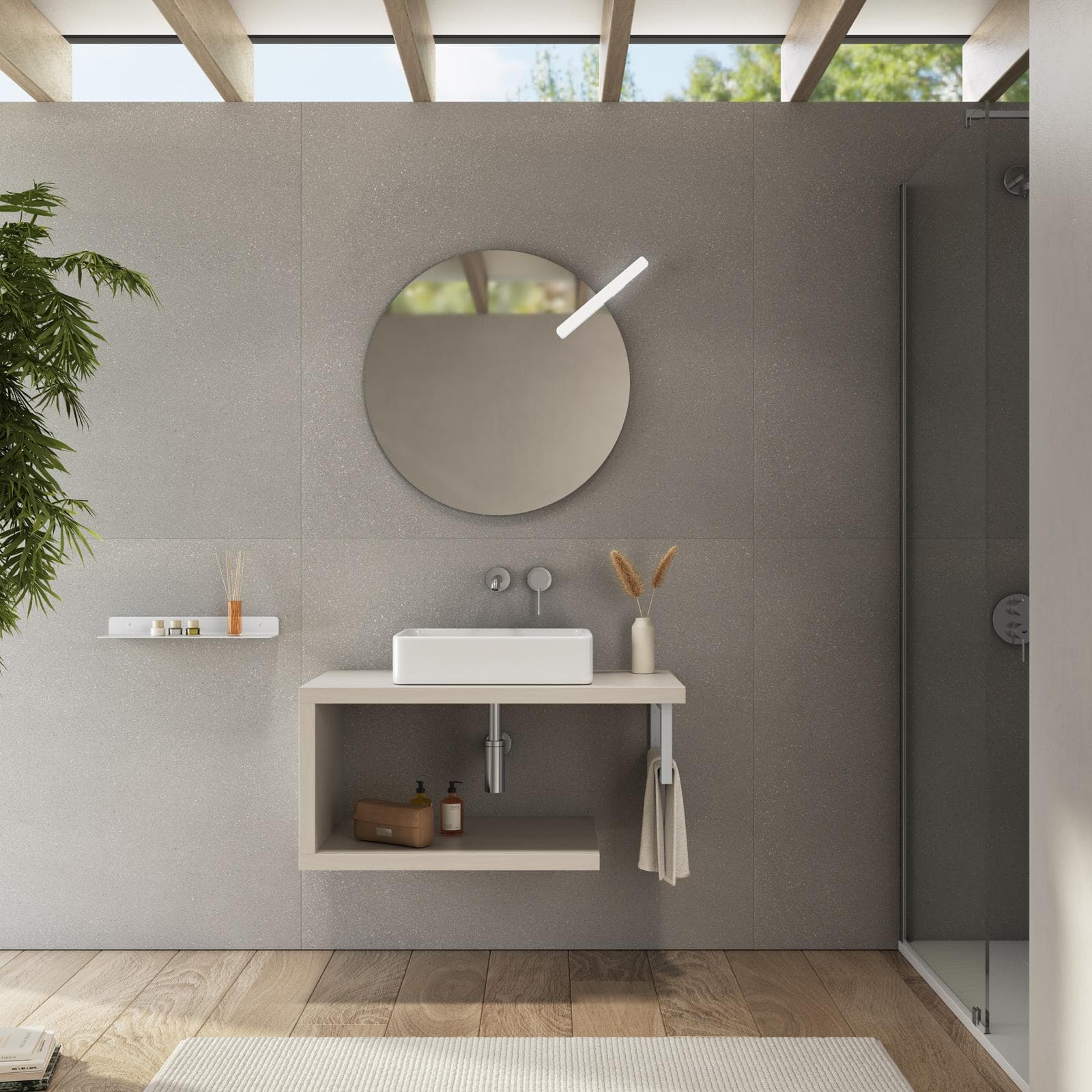 Mensolone bagno 90 cm con ripiano in legno rovere bianco e portasalviette bianco opaco - Plain