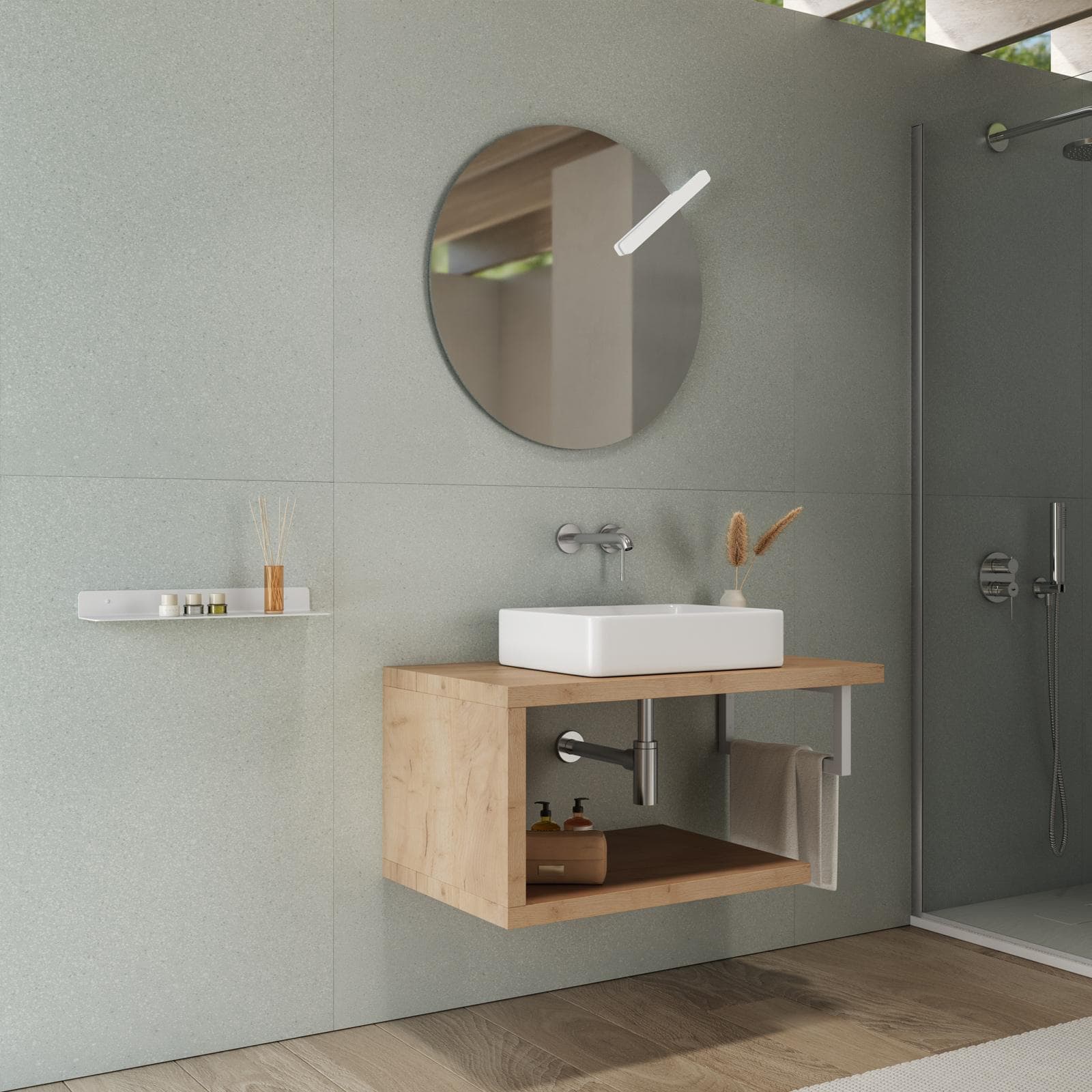 Mensolone bagno 90 cm con ripiano in legno rovere gold e portasalviette bianco opaco - Plain