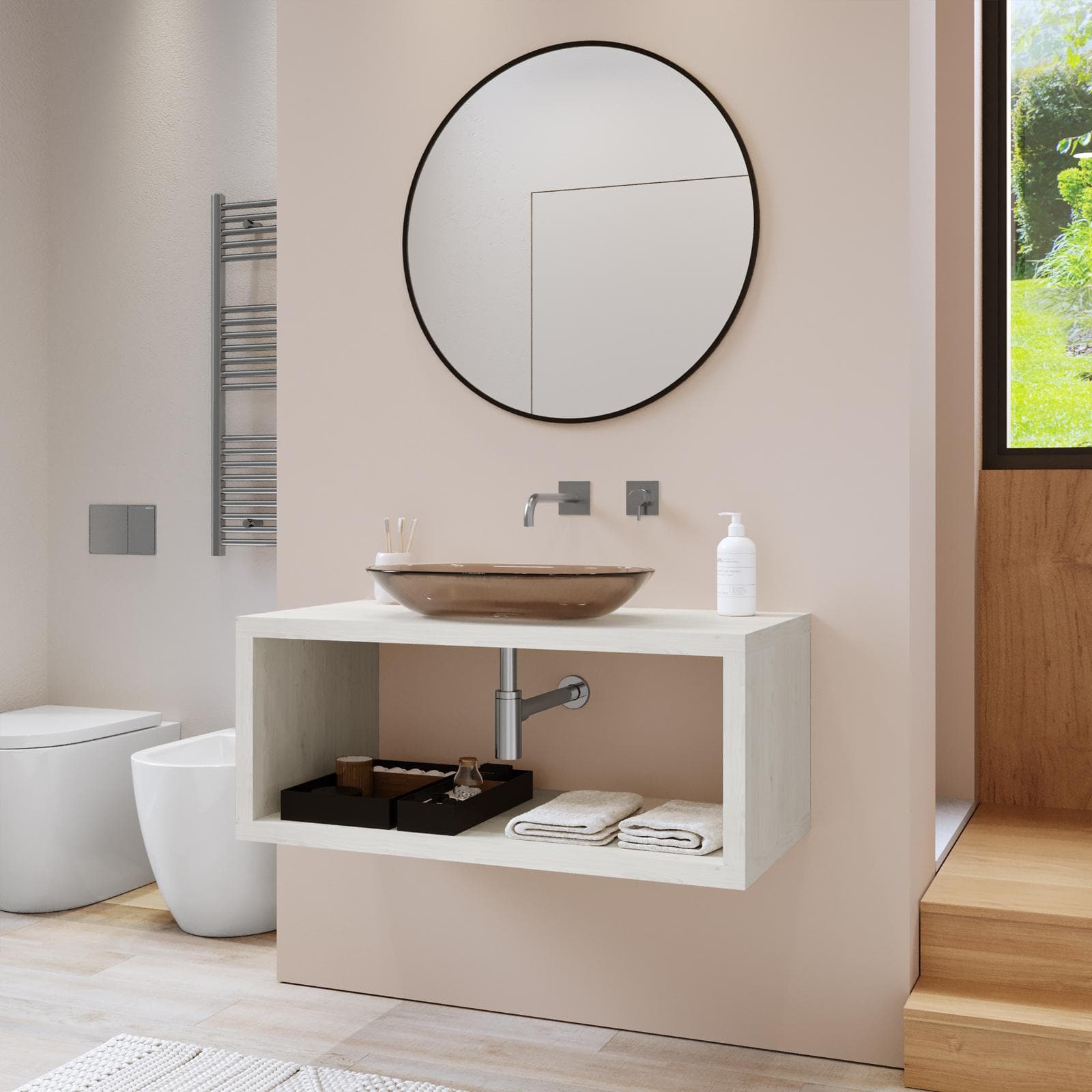Mensolone bagno sospeso 100 cm con vano a giorno in legno rovere bianco - Plain