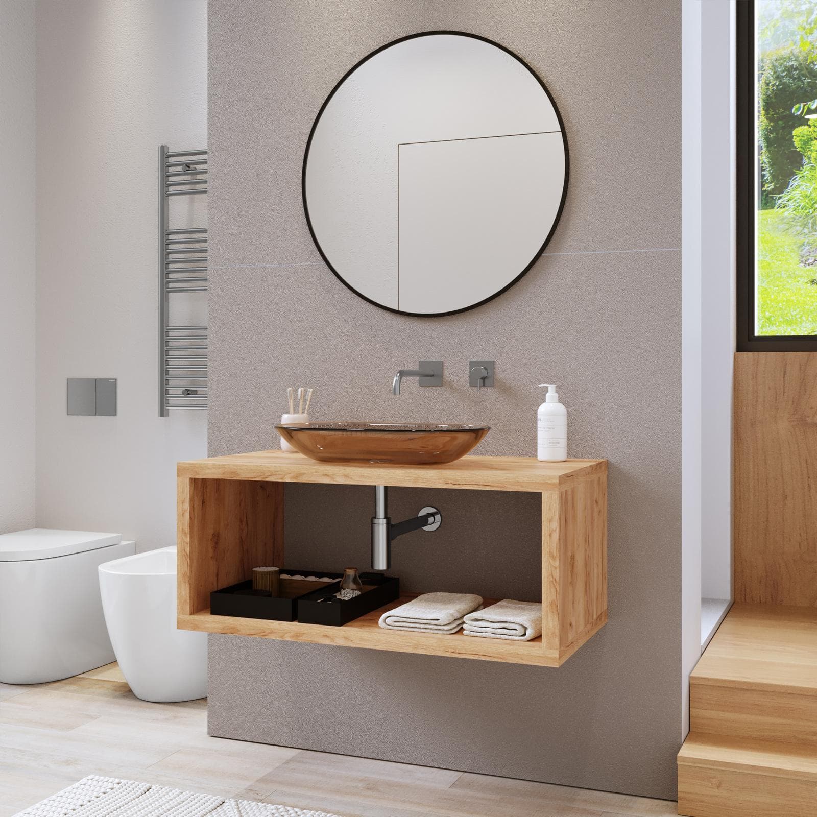Mensolone bagno sospeso 100 cm con vano a giorno in legno rovere gold - Plain