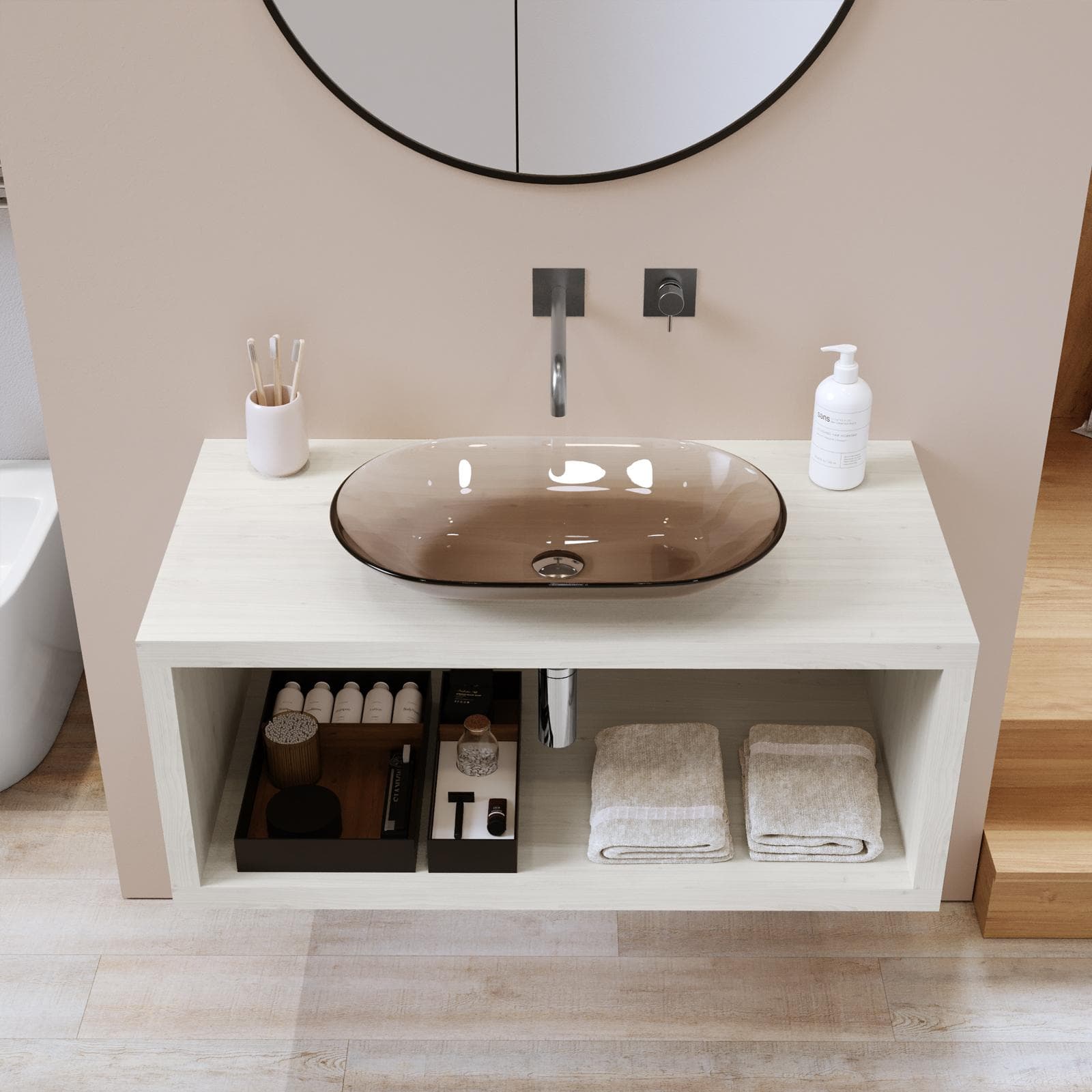 Mensolone bagno sospeso 110 cm con vano a giorno in legno rovere bianco - Plain