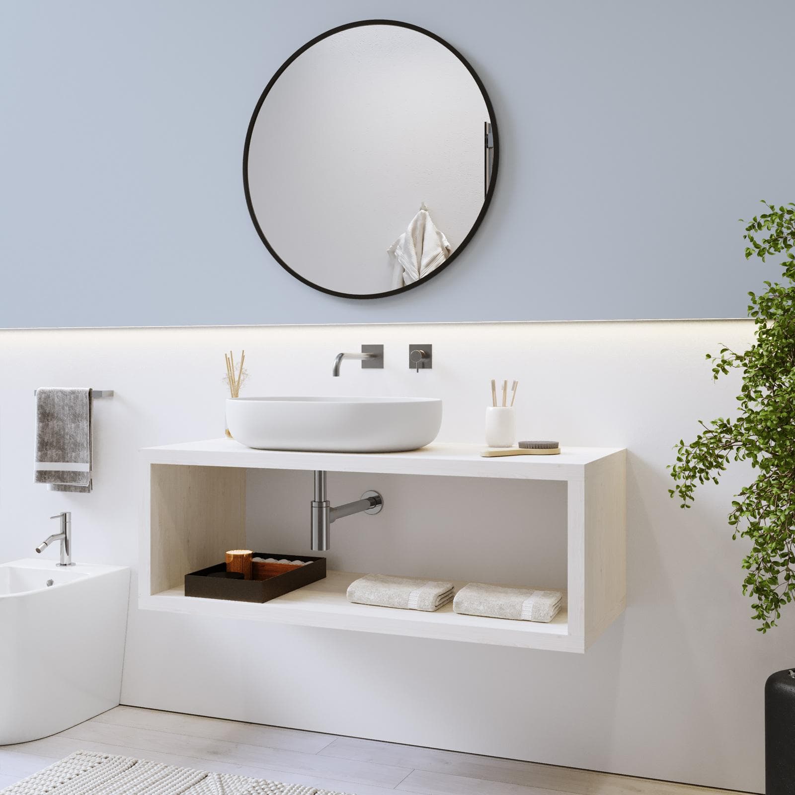 Mensolone bagno sospeso 120 cm con vano a giorno in legno rovere bianco - Plain