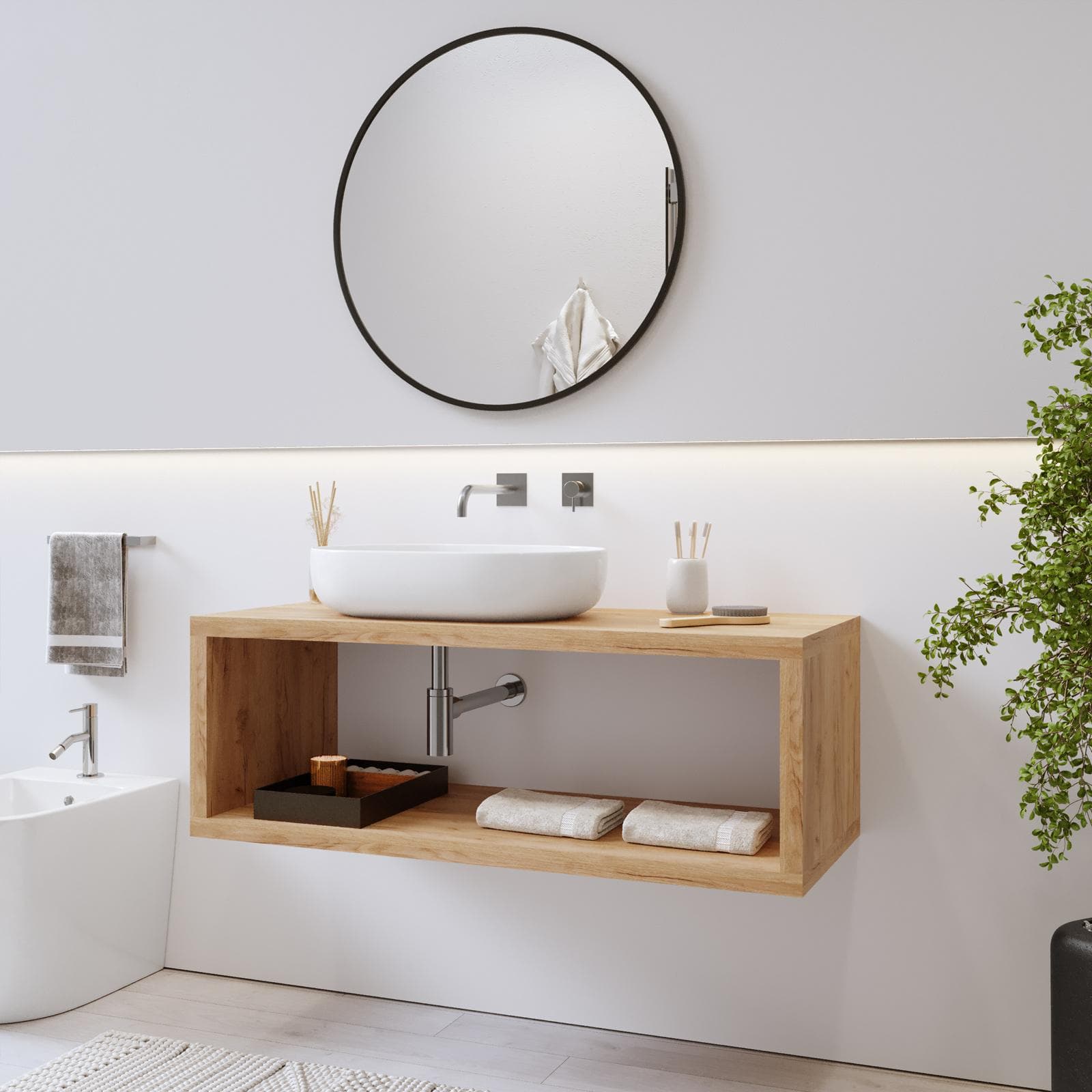 Mensolone bagno sospeso 120 cm con vano a giorno in legno rovere gold - Plain