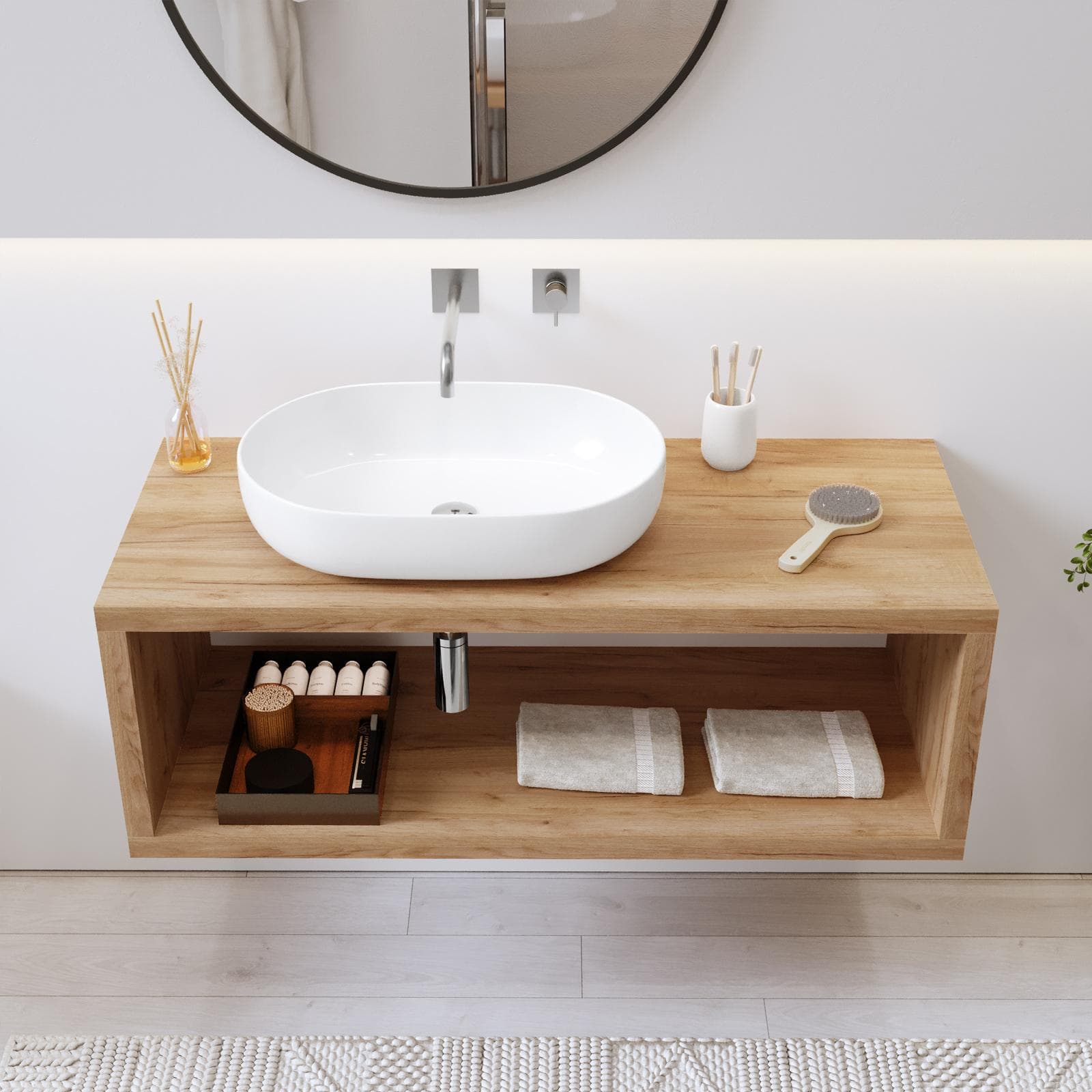 Mensolone bagno sospeso 120 cm con vano a giorno in legno rovere gold - Plain