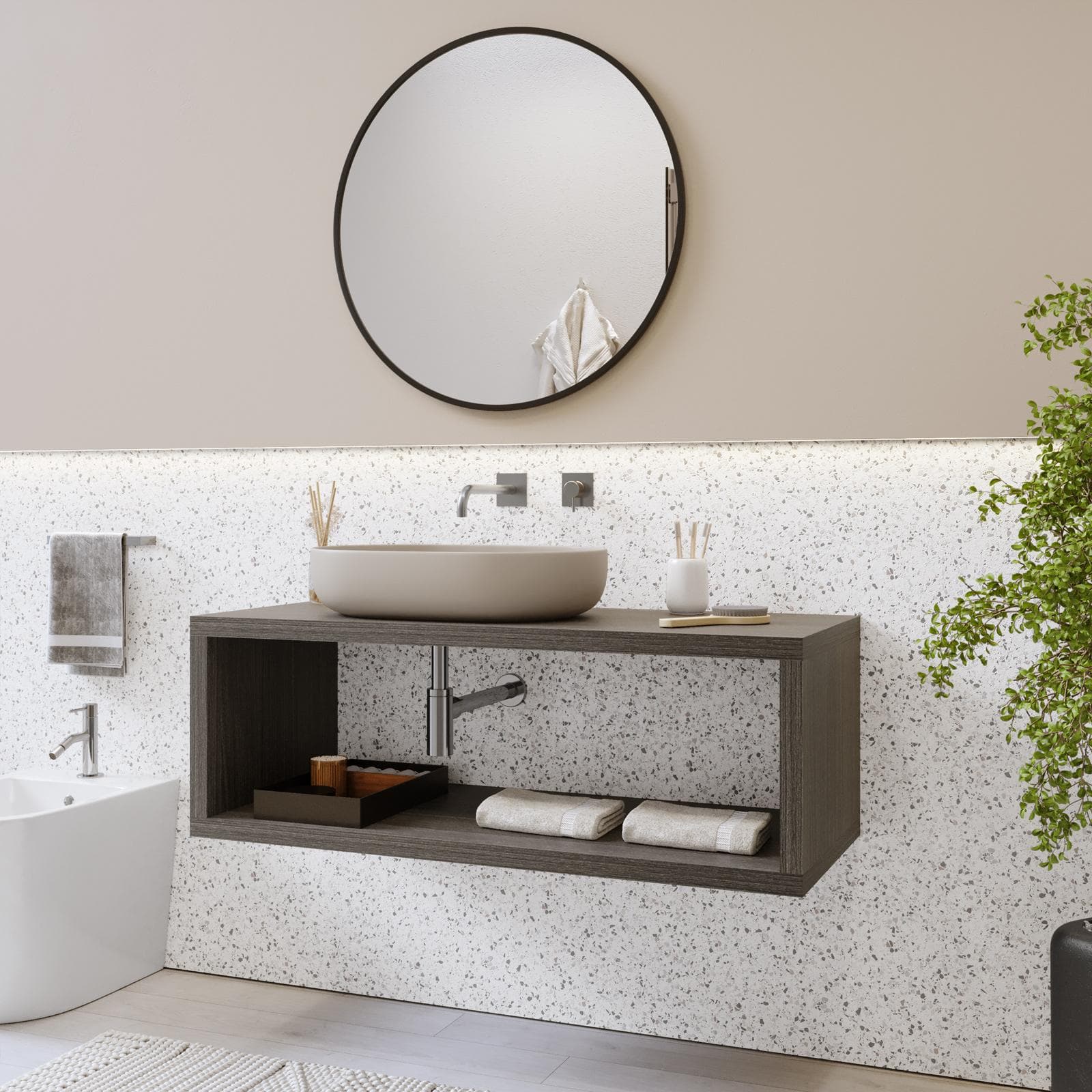 Mensolone bagno sospeso 120 cm con vano a giorno in legno rovere grigio - Plain