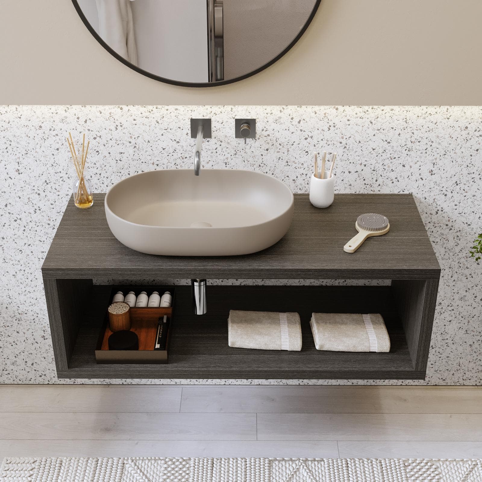 Mensolone bagno sospeso 120 cm con vano a giorno in legno rovere grigio - Plain