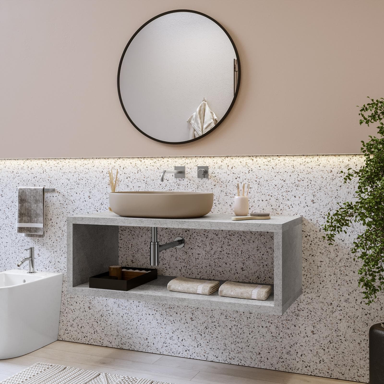 Mensolone bagno sospeso 130 cm con vano a giorno in legno grigio pietra opaco - Plain
