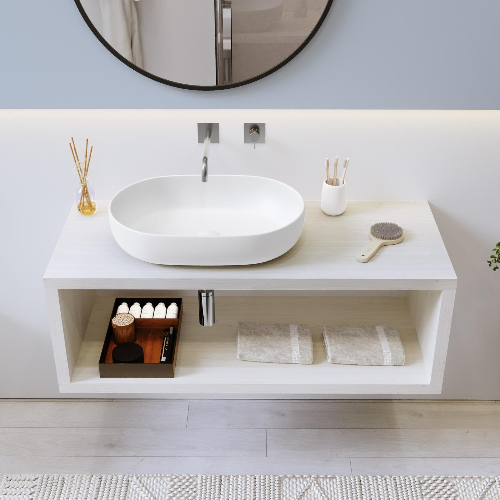 Mensolone bagno sospeso 130 cm con vano a giorno in legno rovere bianco - Plain
