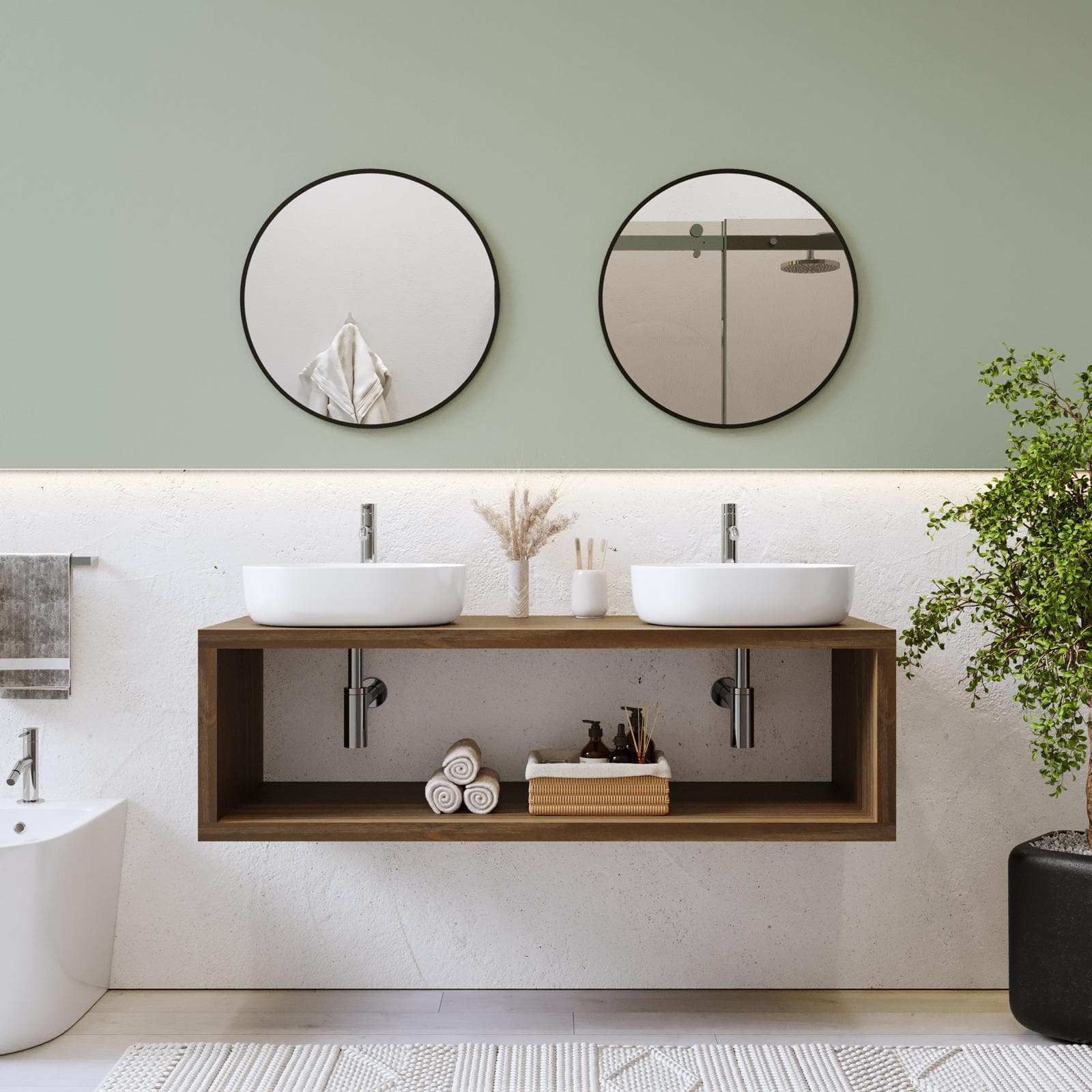 Mensolone bagno sospeso 140 cm con vano a giorno in legno rovere deciso - Plain