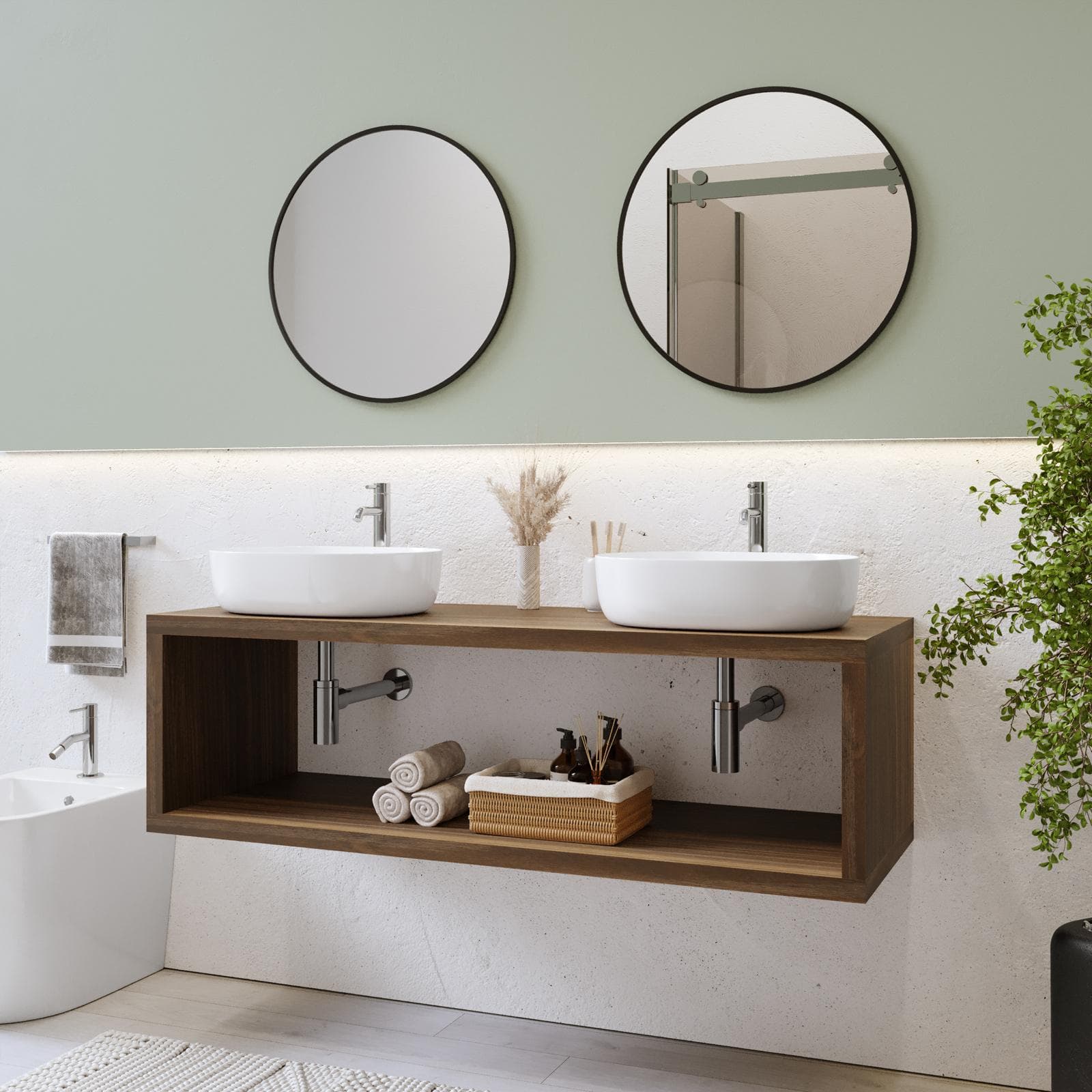 Mensolone bagno sospeso 140 cm con vano a giorno in legno rovere deciso - Plain
