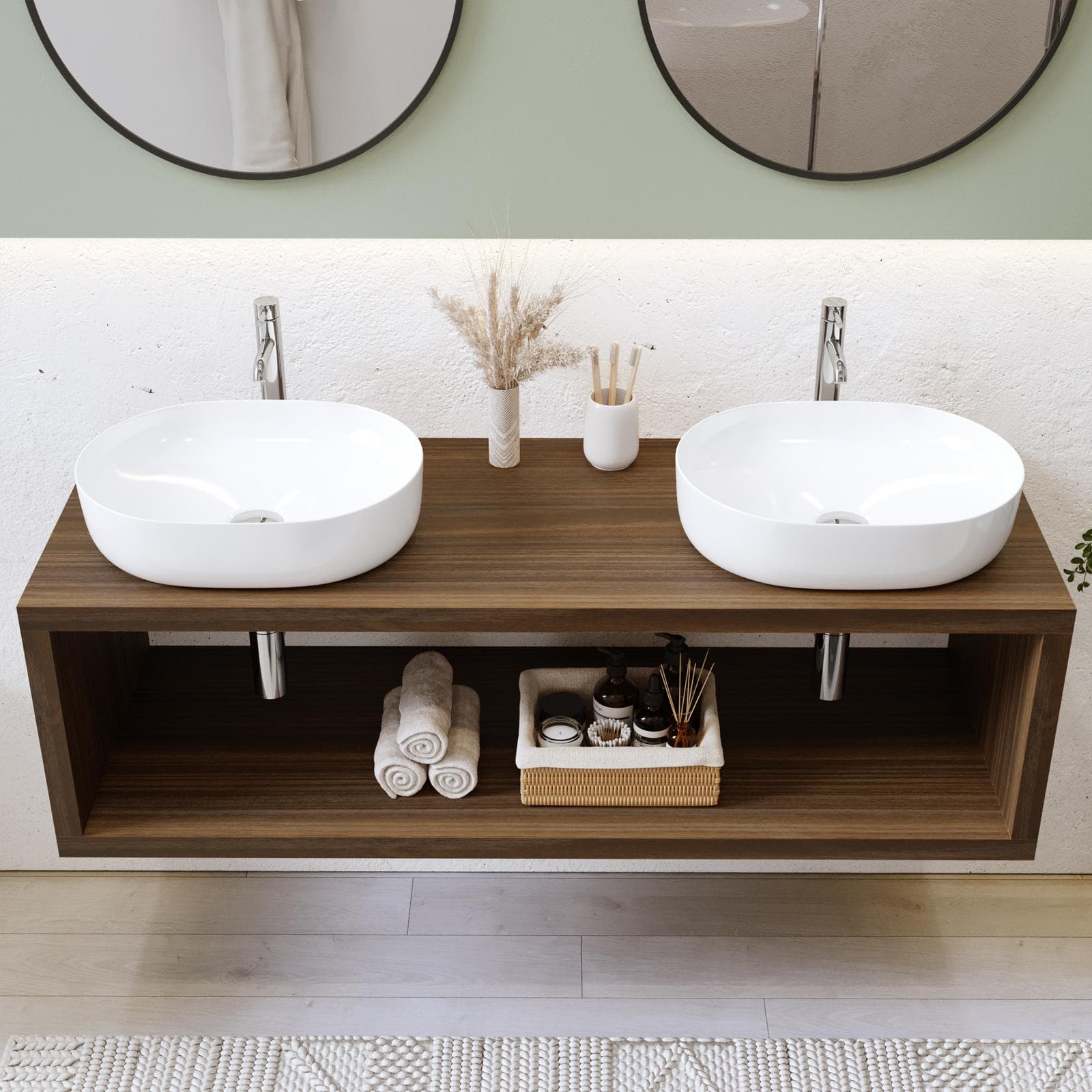 Mensolone bagno sospeso 140 cm con vano a giorno in legno rovere deciso - Plain