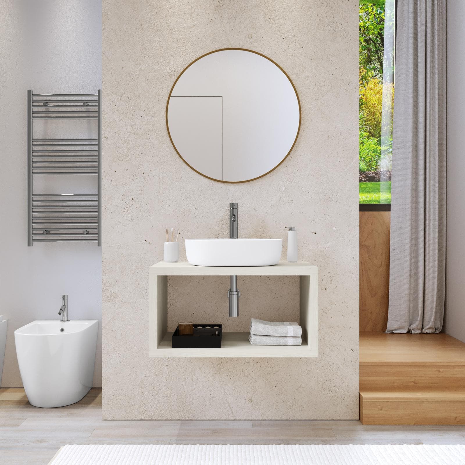 Mensolone bagno sospeso 90 cm con vano a giorno in legno rovere bianco - Plain