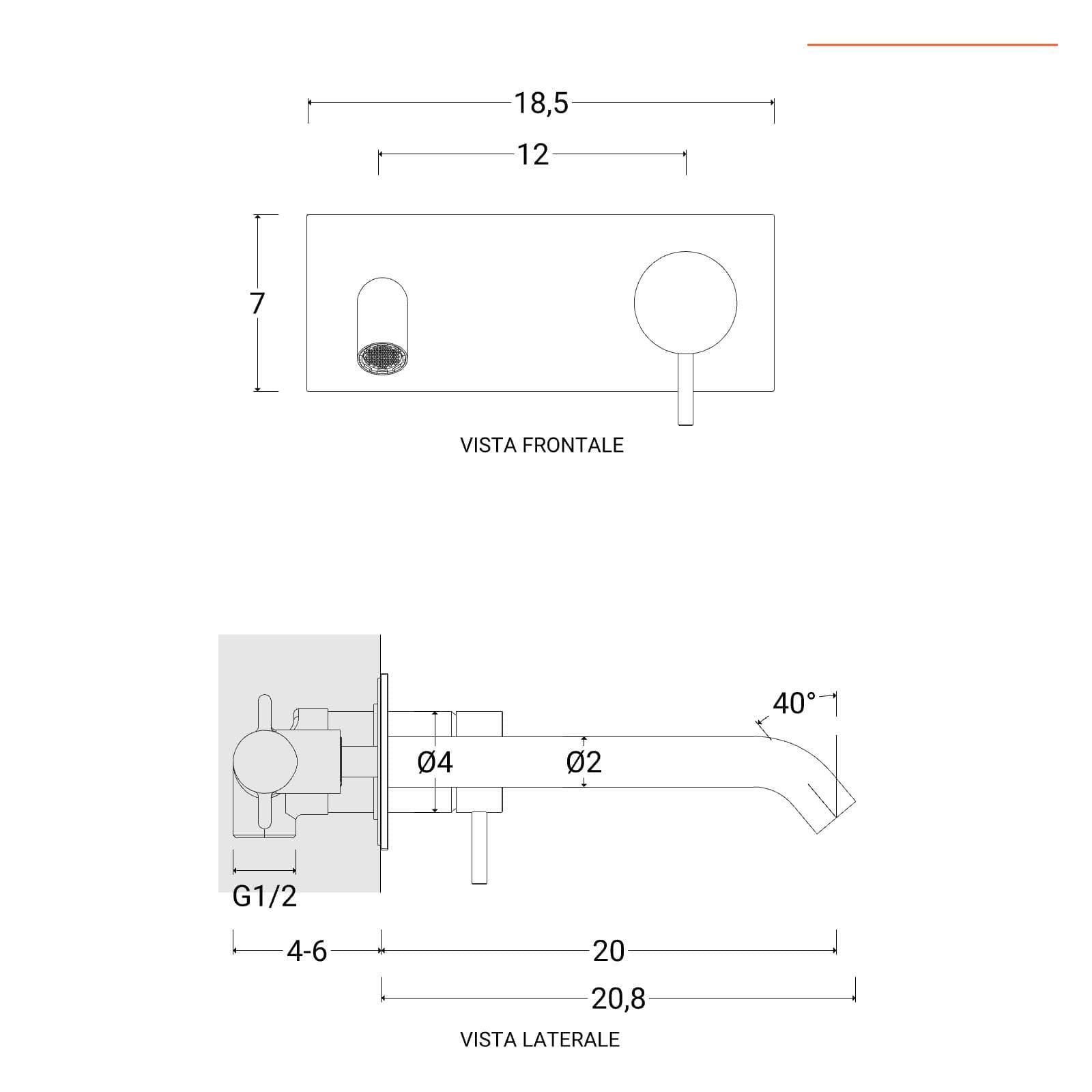 Miscelatore lavabo a muro canna 20 cm con piastra in acciaio inox 316 satinato – Pure