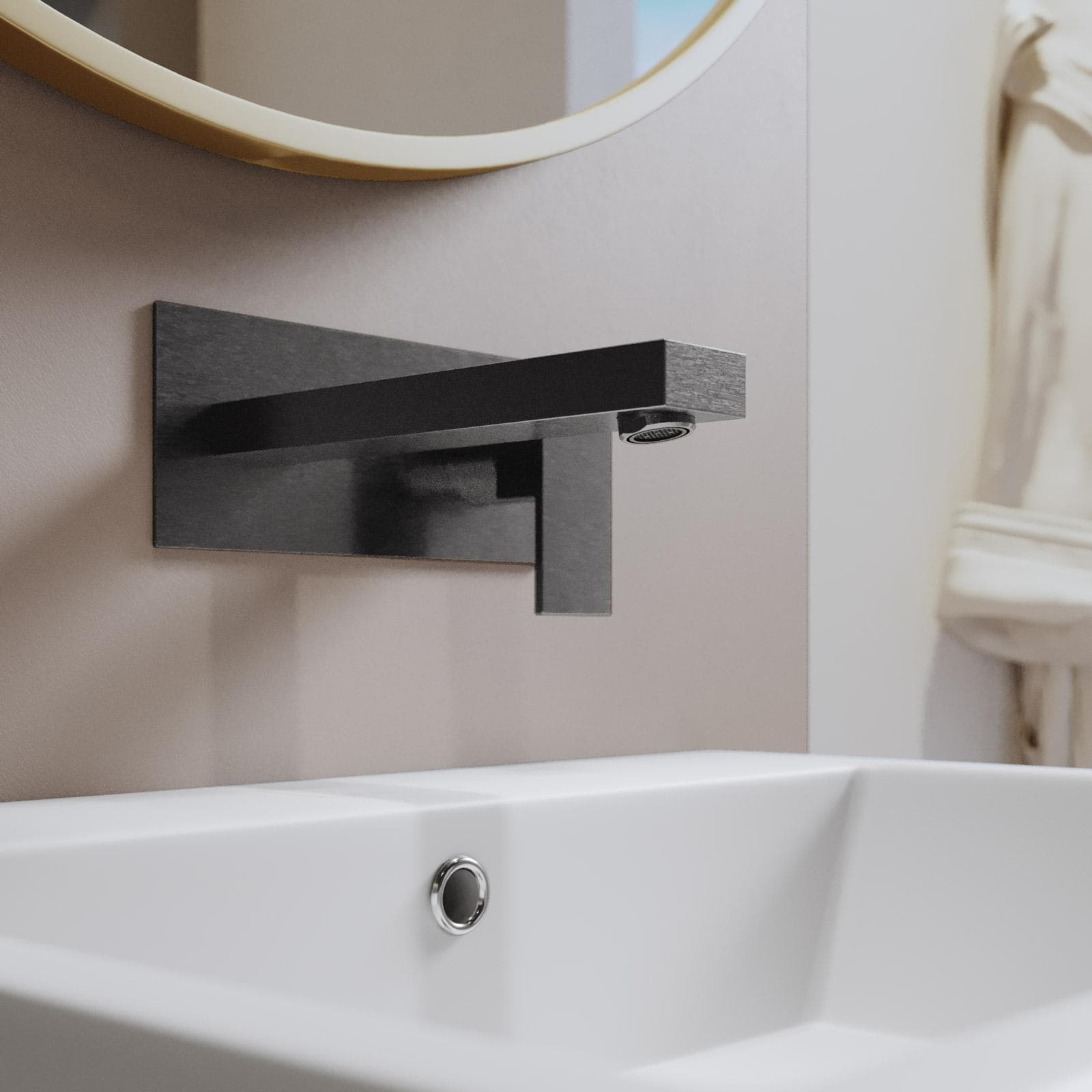 Miscelatore lavabo a muro canna 20 cm con piastra nero spazzolato anti-impronta - Kyria