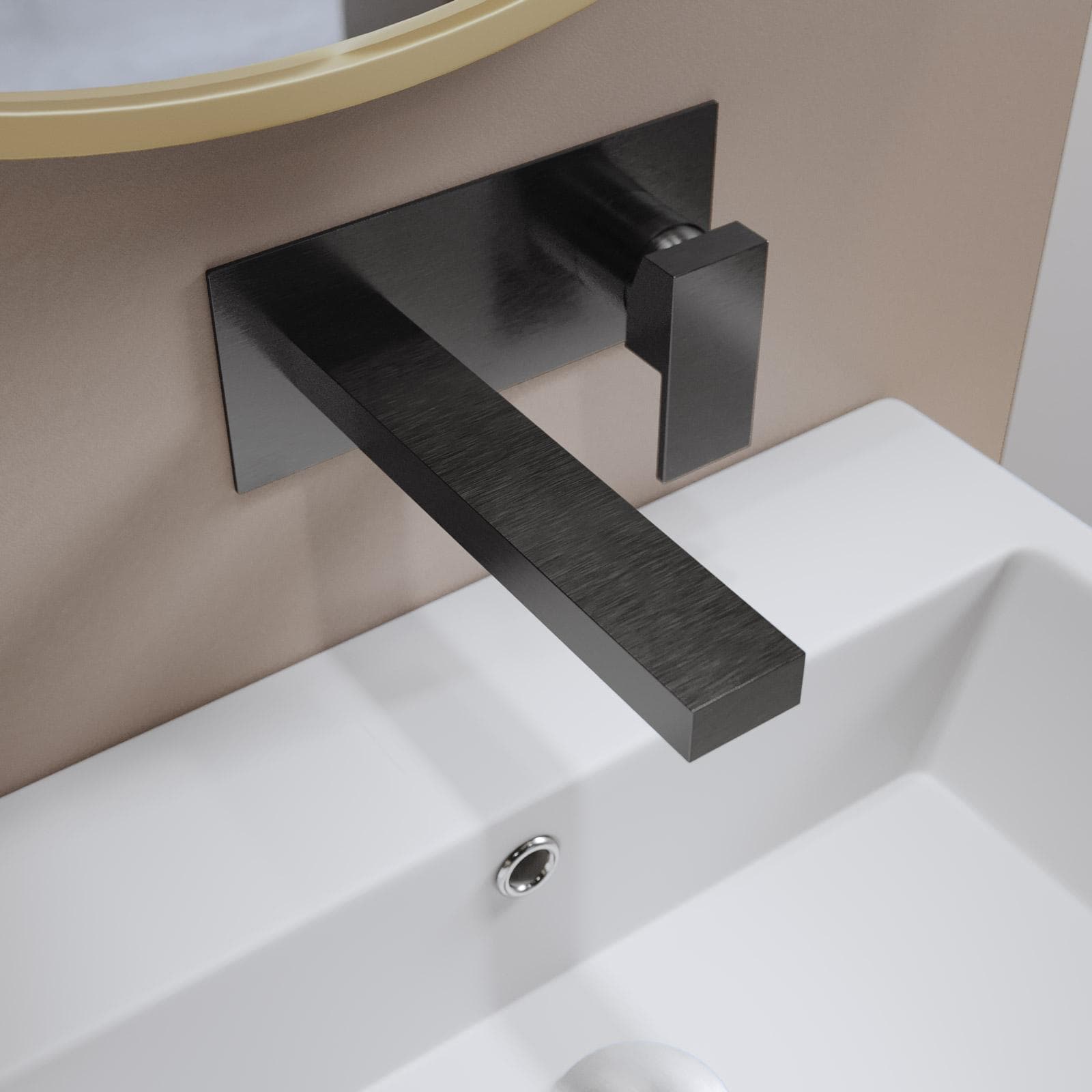 Miscelatore lavabo a muro canna 20 cm con piastra nero spazzolato anti-impronta - Kyria