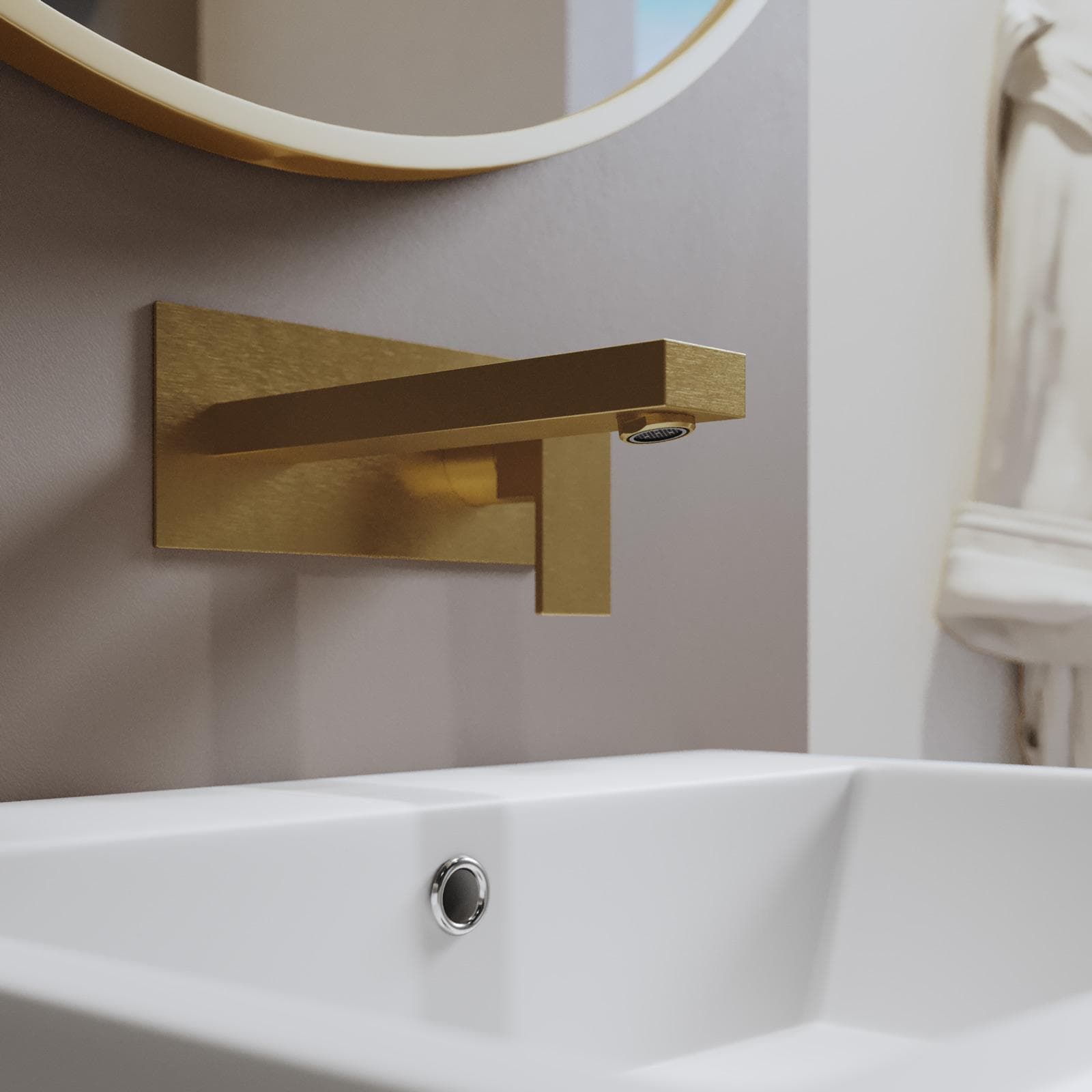 Miscelatore lavabo a muro canna 20 cm con piastra oro spazzolato anti-impronta - Kyria
