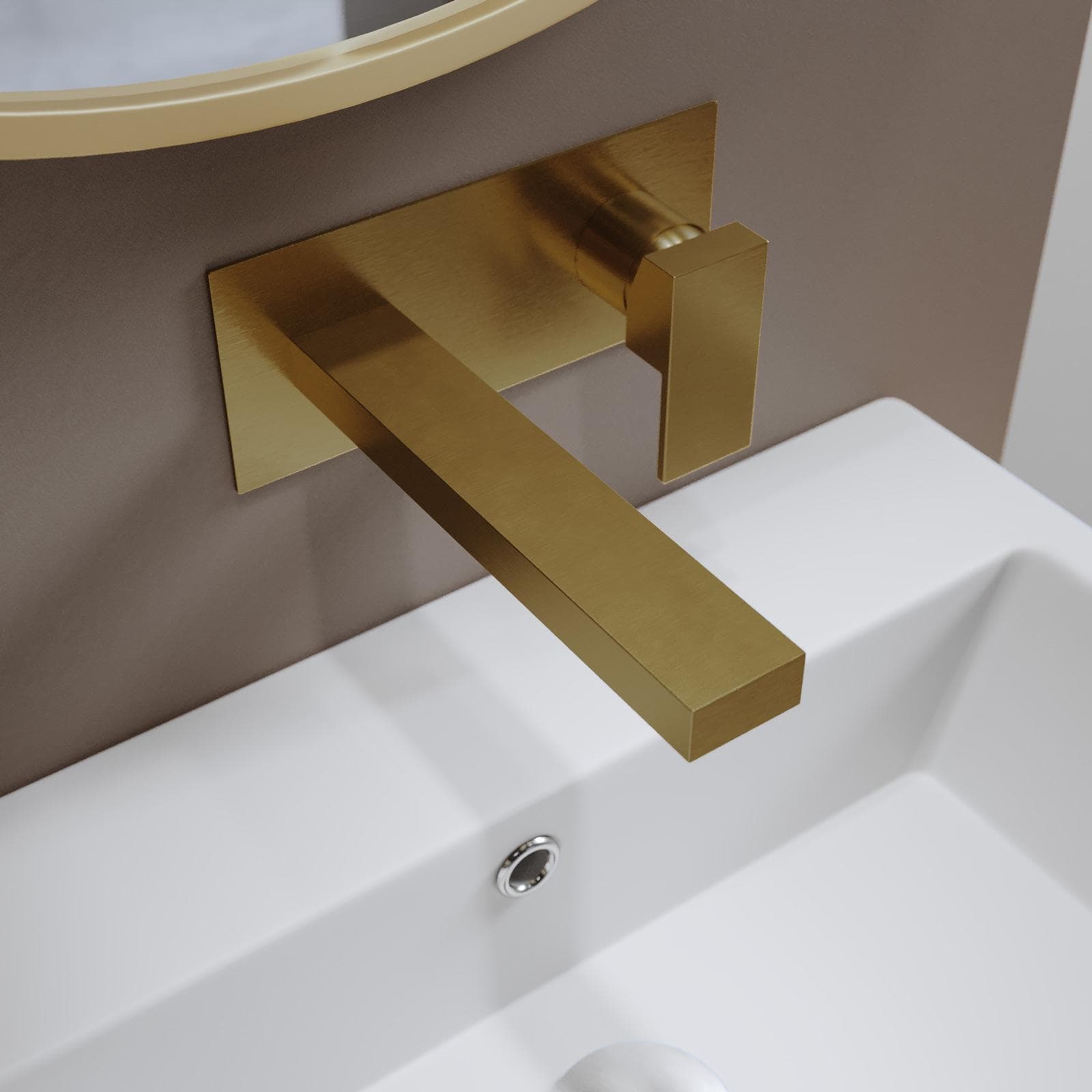 Miscelatore lavabo a muro canna 20 cm con piastra oro spazzolato anti-impronta - Kyria