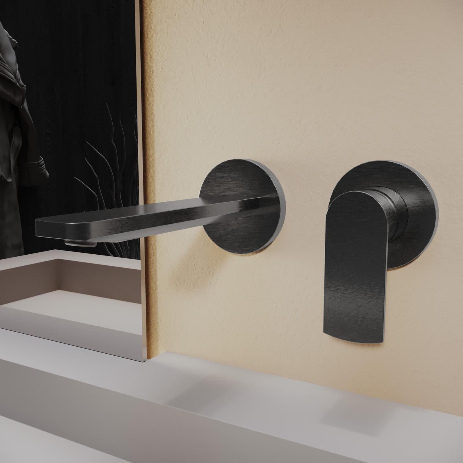Miscelatore lavabo a muro canna 20 cm nero spazzolato anti-impronta - Fluid