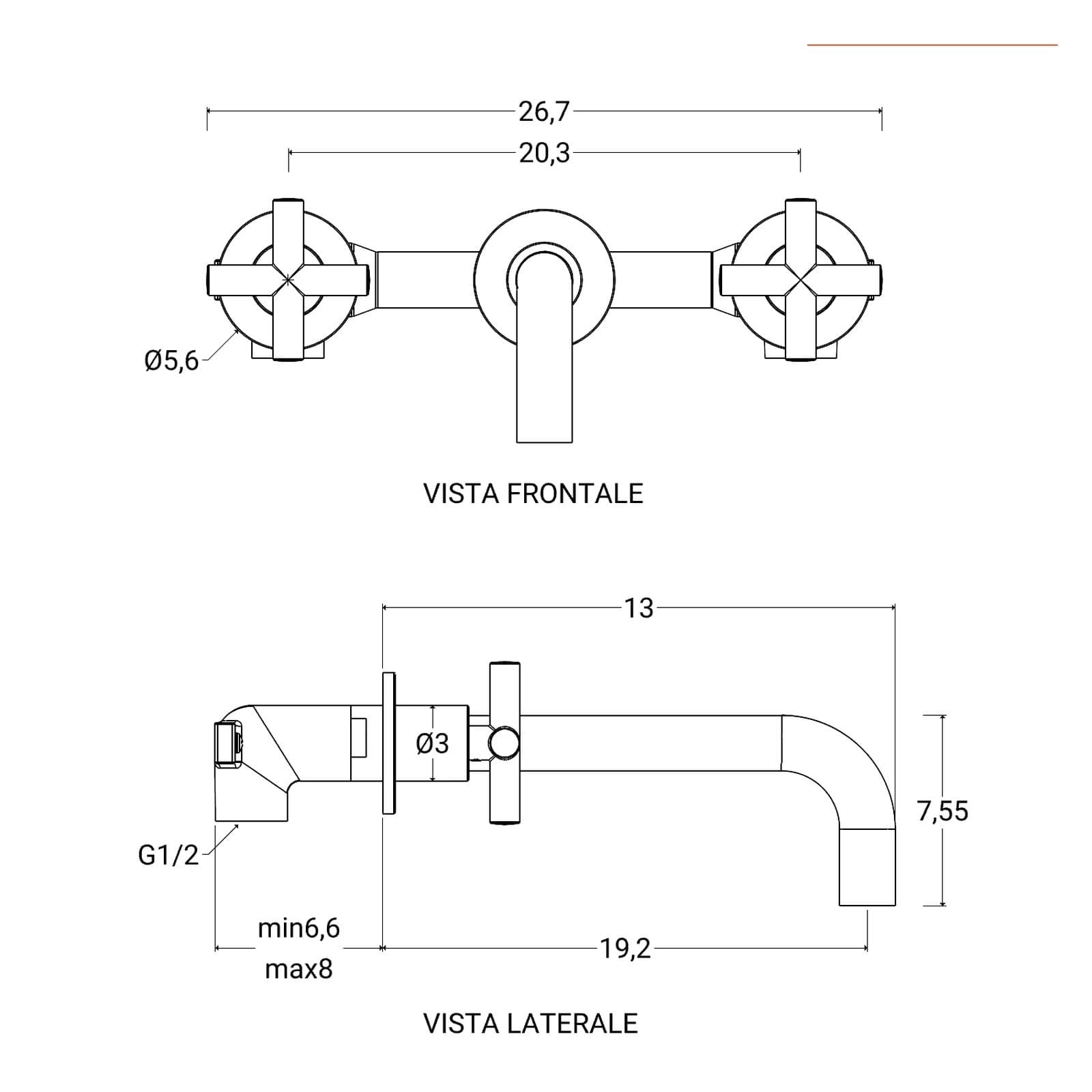 Miscelatore lavabo a muro in ottone cromo - Enif