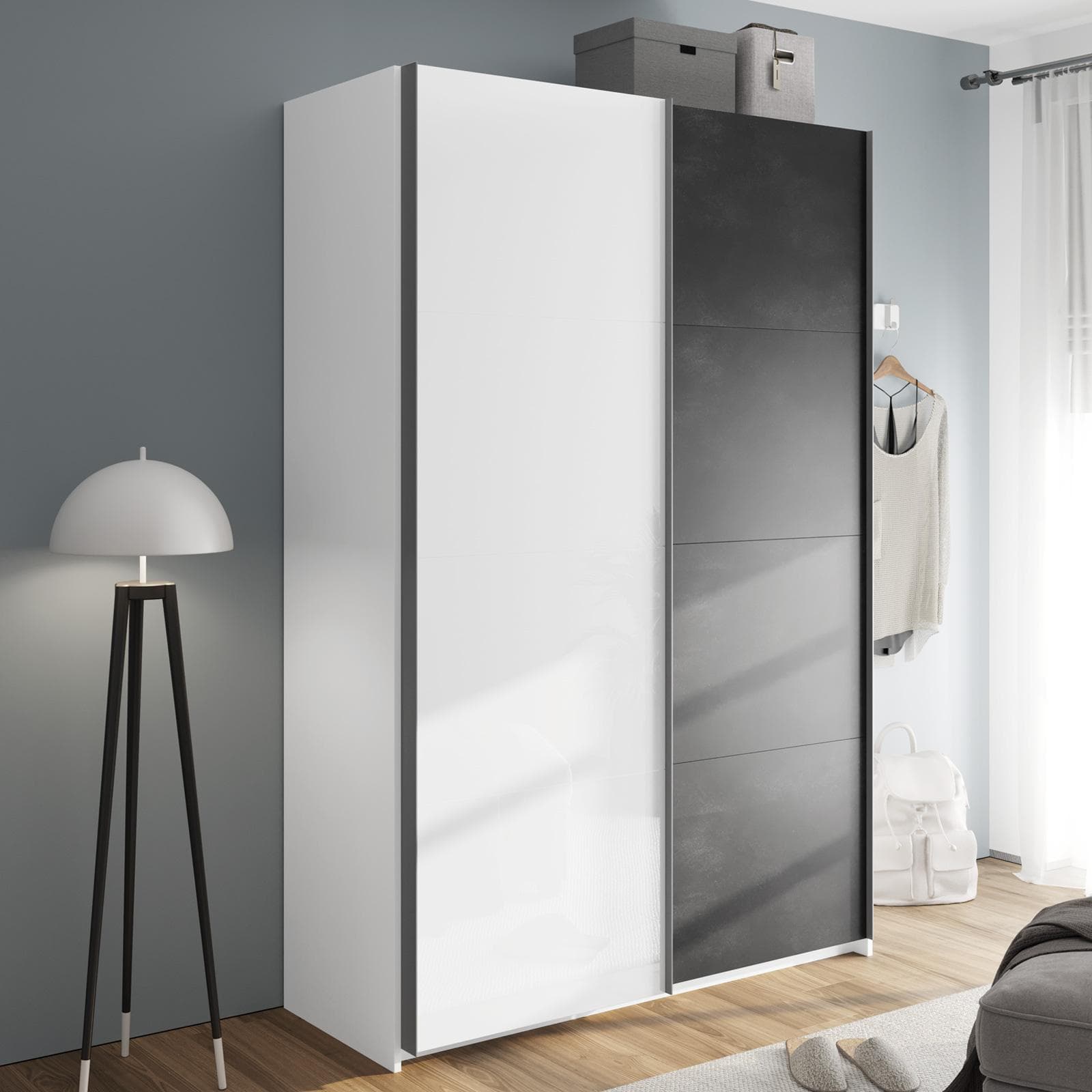 Armadio 150x223h cm bianco opaco con due ante scorrevoli bianco lucido e grigio tadao - Alen