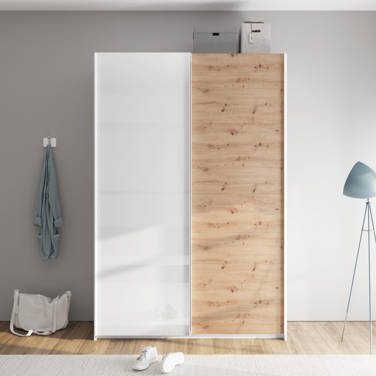 Armadio 150x223h cm con due ante scorrevoli rovere artisan e bianco lucido - Alen