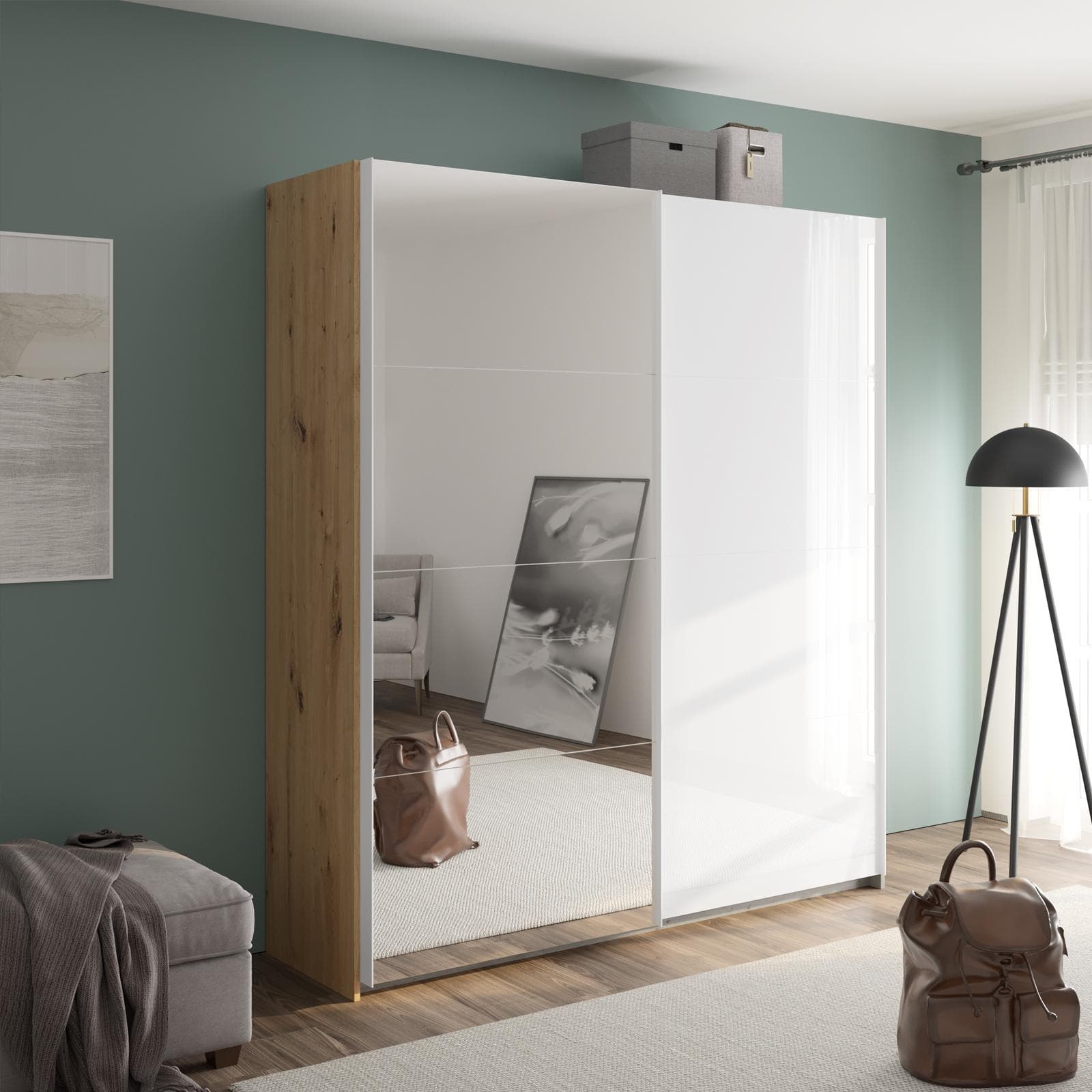 Armadio 200x223h cm con due ante scorrevoli in bianco lucido e rovere con specchio - Alen