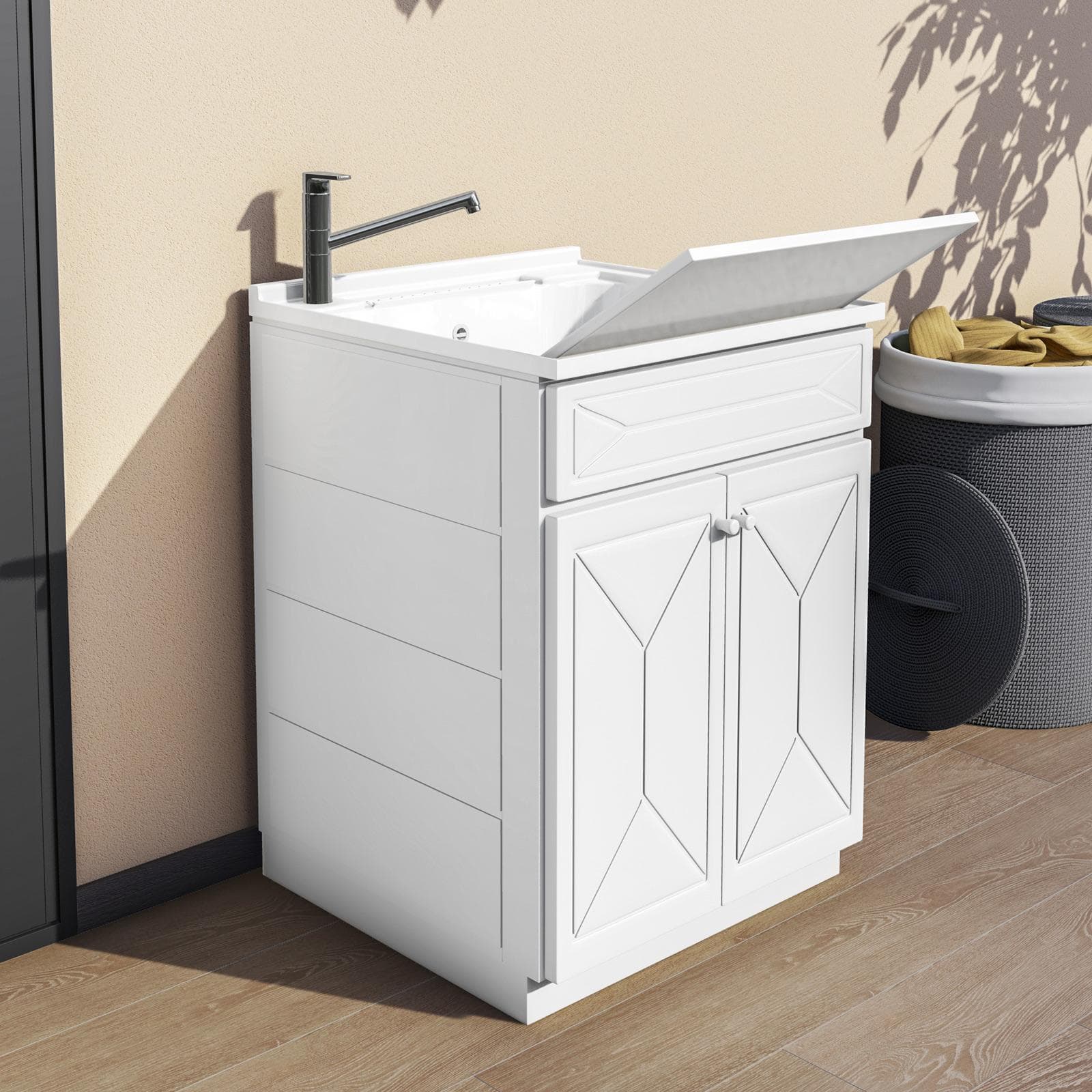 Mobile 60x60 cm lavatoio con due ante lavello e asse lavapanni bianco