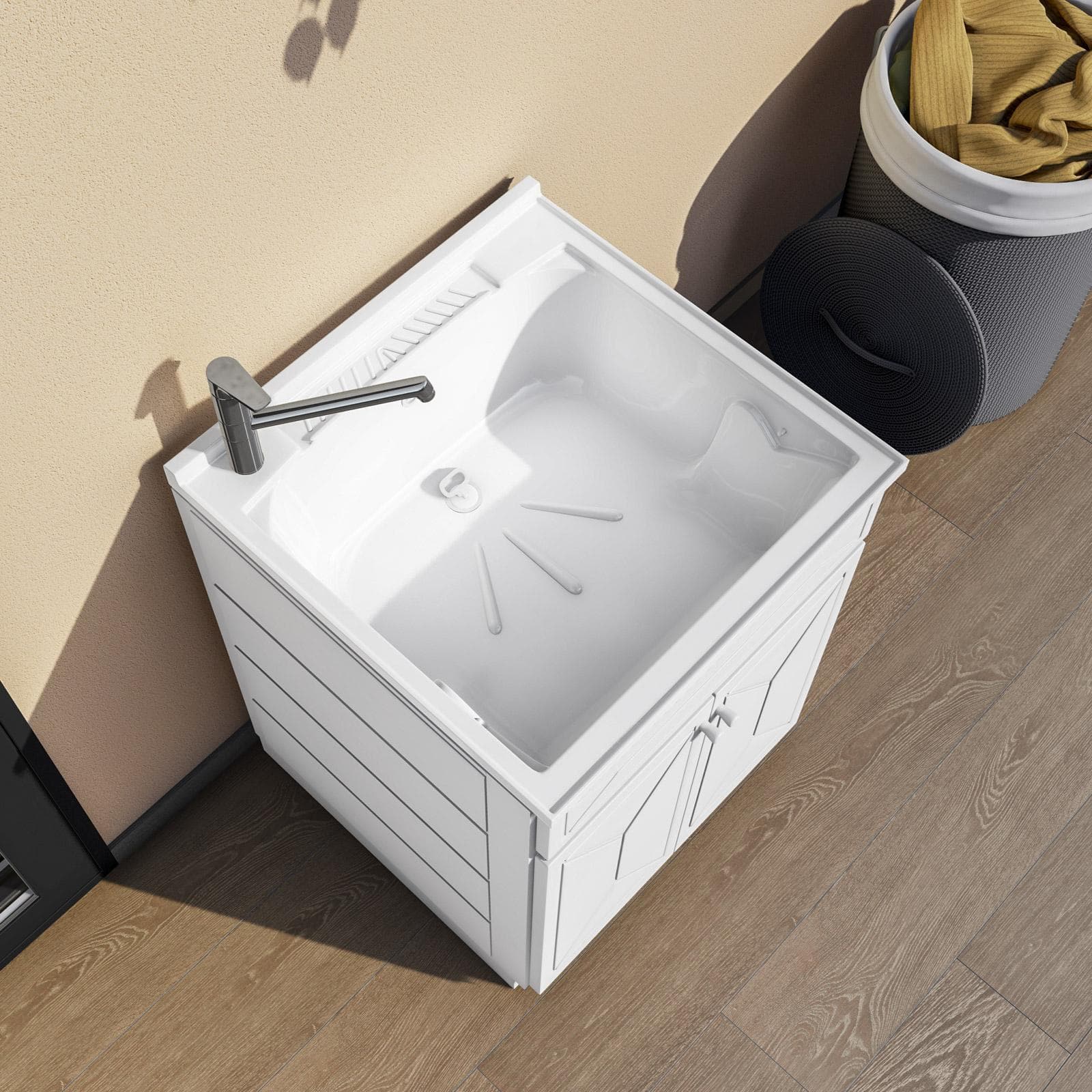 Mobile 60x60 cm lavatoio con due ante lavello e asse lavapanni bianco