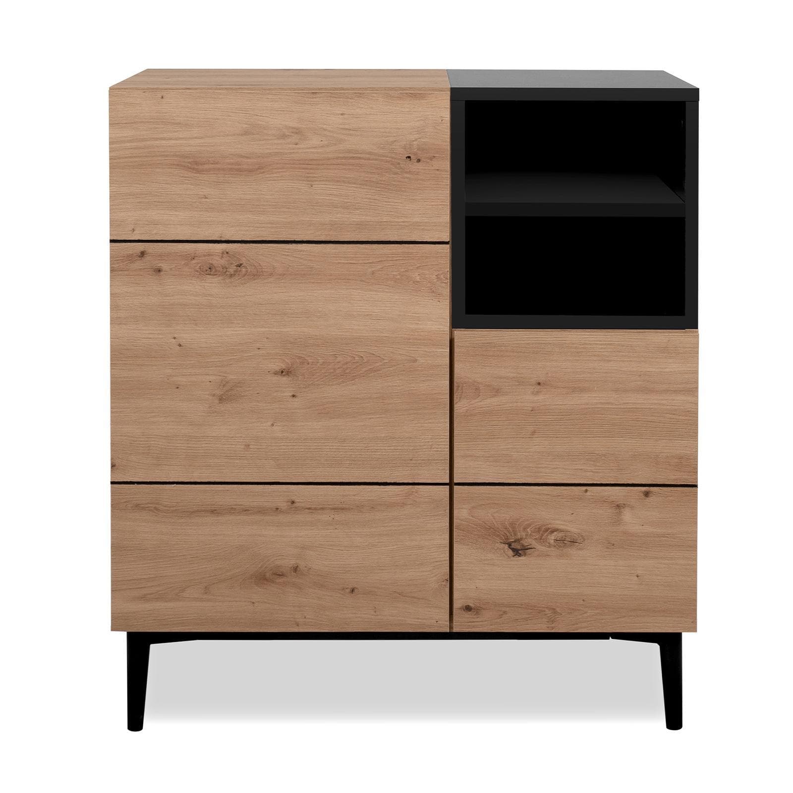 Credenza 80x90h cm in legno rovere e nero con 2 ante e vani a giorno - Ekus