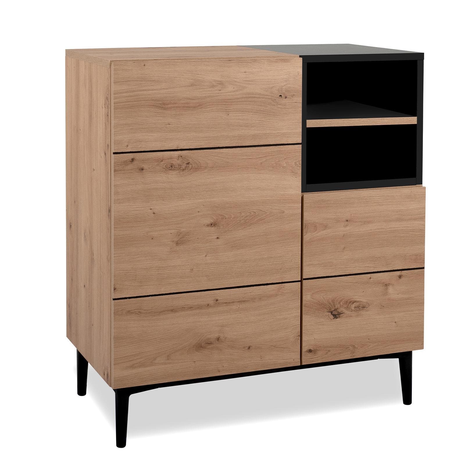 Credenza 80x90h cm in legno rovere e nero con 2 ante e vani a giorno - Ekus