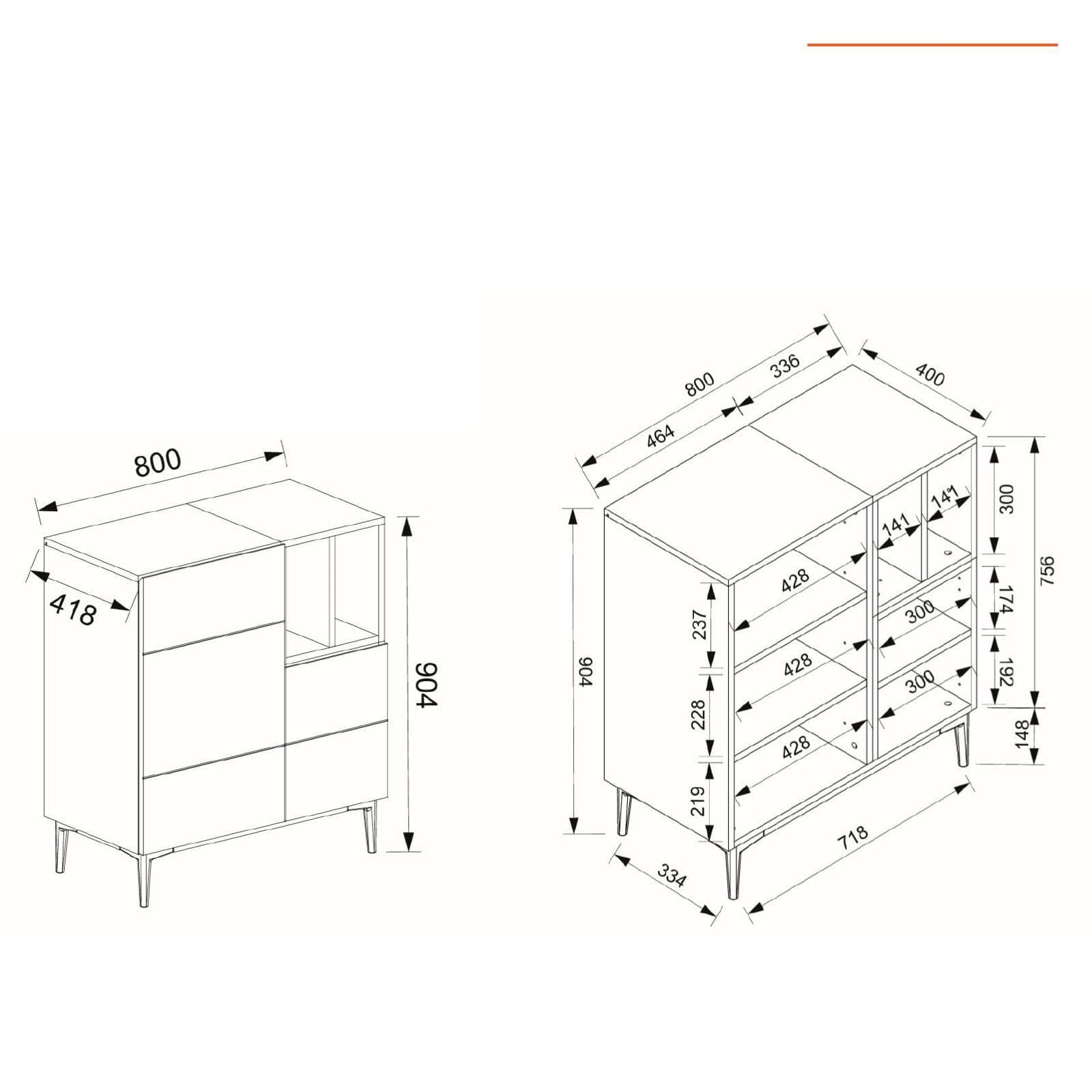 Credenza 80x90h cm in legno rovere e nero con 2 ante e vani a giorno - Ekus