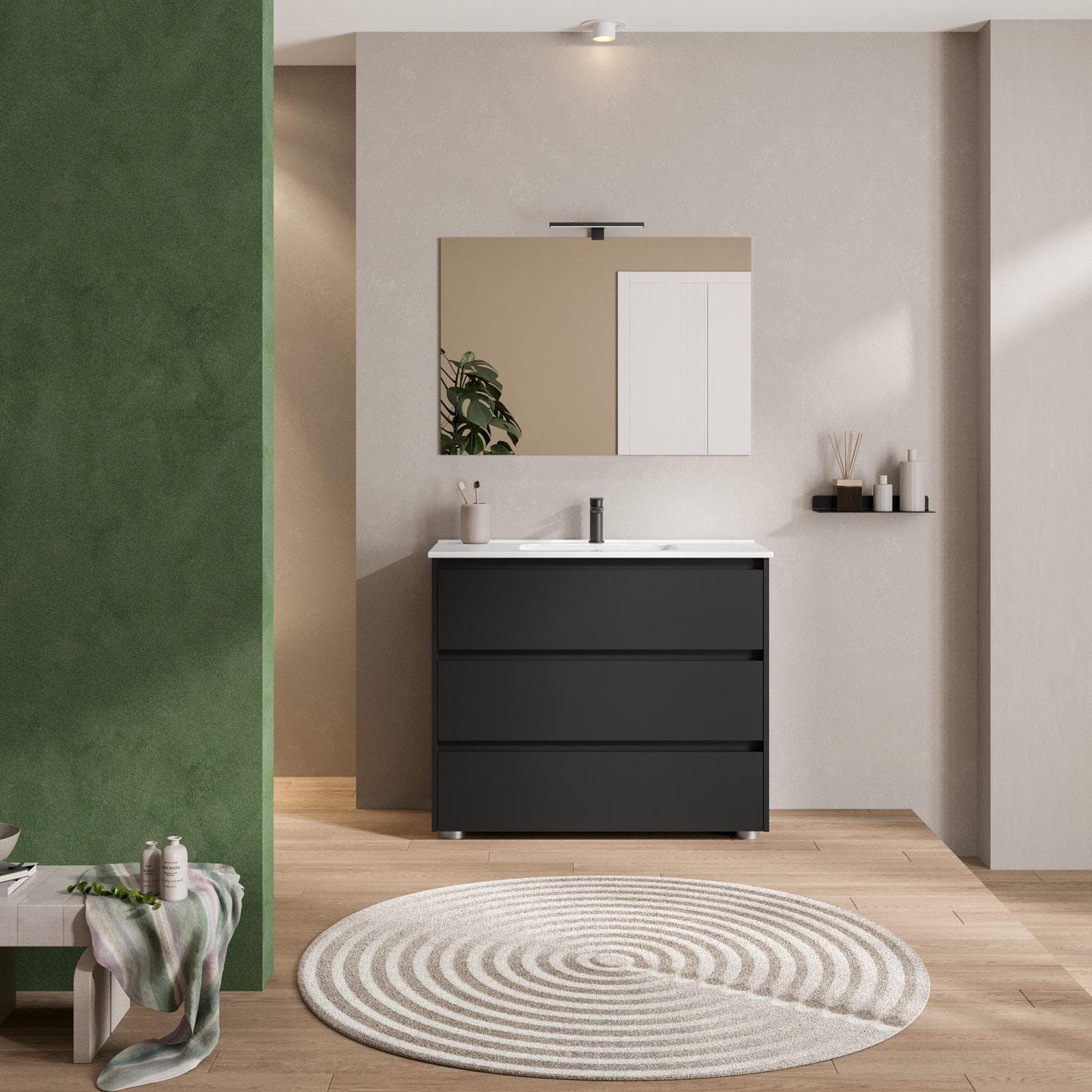Mobile bagno a terra 100 cm con tre cassetti nero satinato con lavabo e specchio - Libras