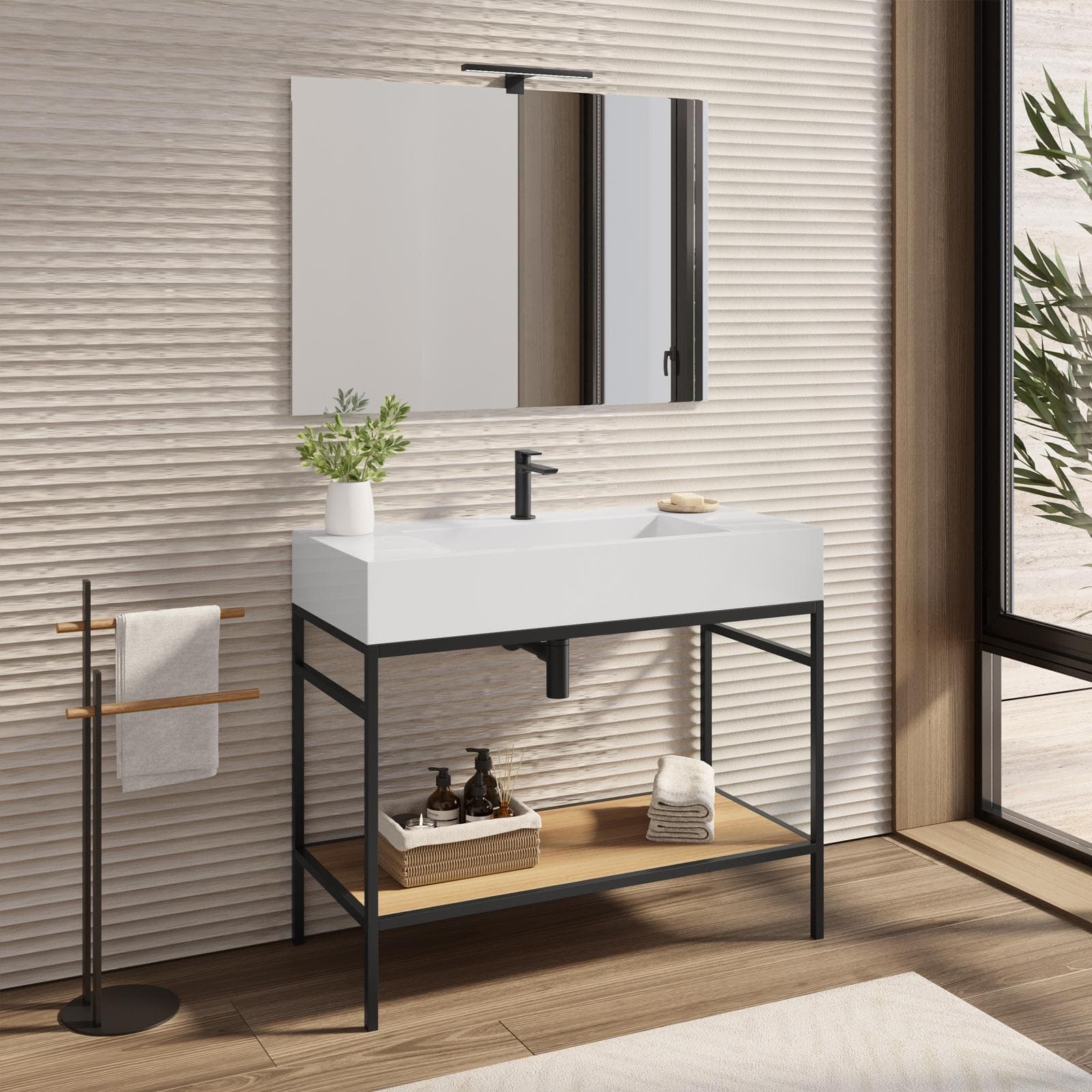 Mobile bagno a terra 100 cm nero e rovere con top lavabo e specchio - Axis