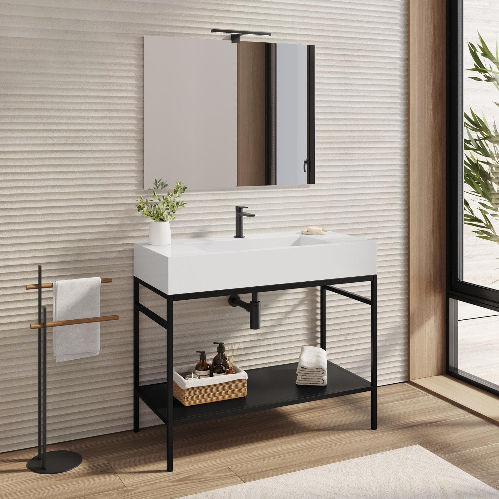 Mobile bagno a terra 100 cm nero opaco con top lavabo e specchio - Axis