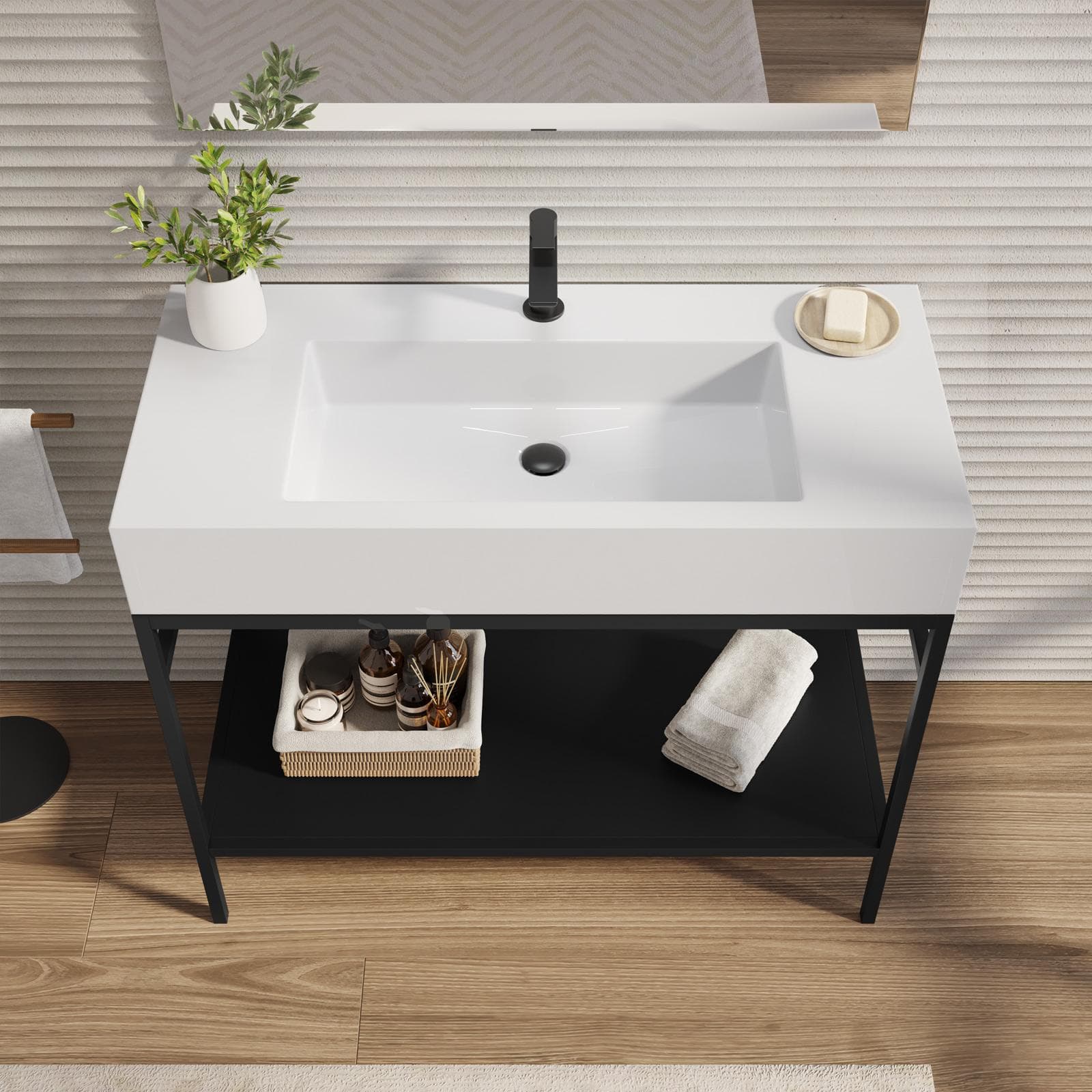 Mobile bagno a terra 100 cm nero opaco con top lavabo e specchio - Axis