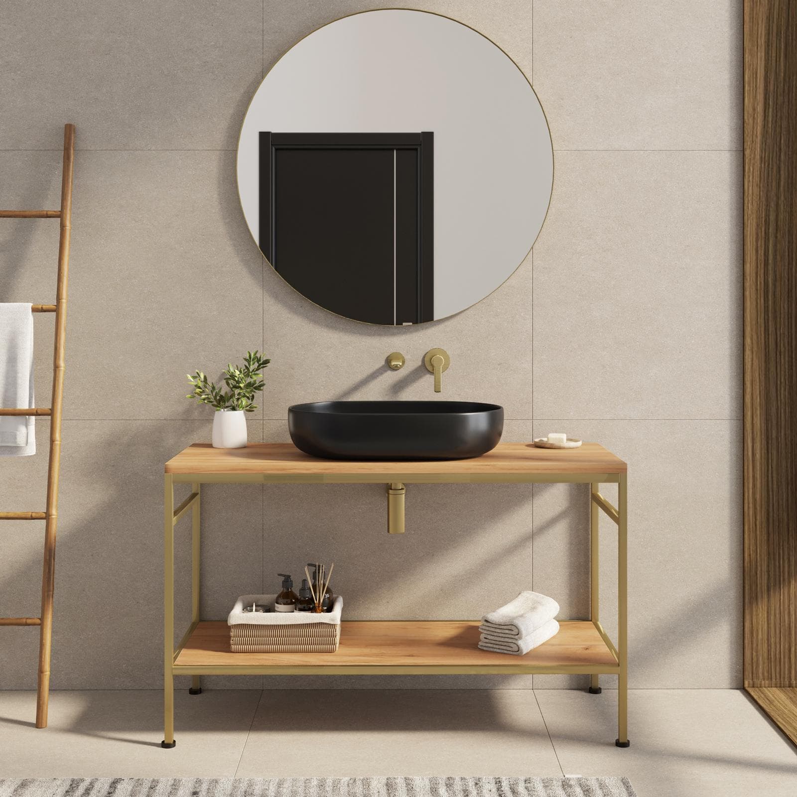 Mobile bagno a terra 120 cm portalavabo oro spazzolato e rovere con specchio - Axis
