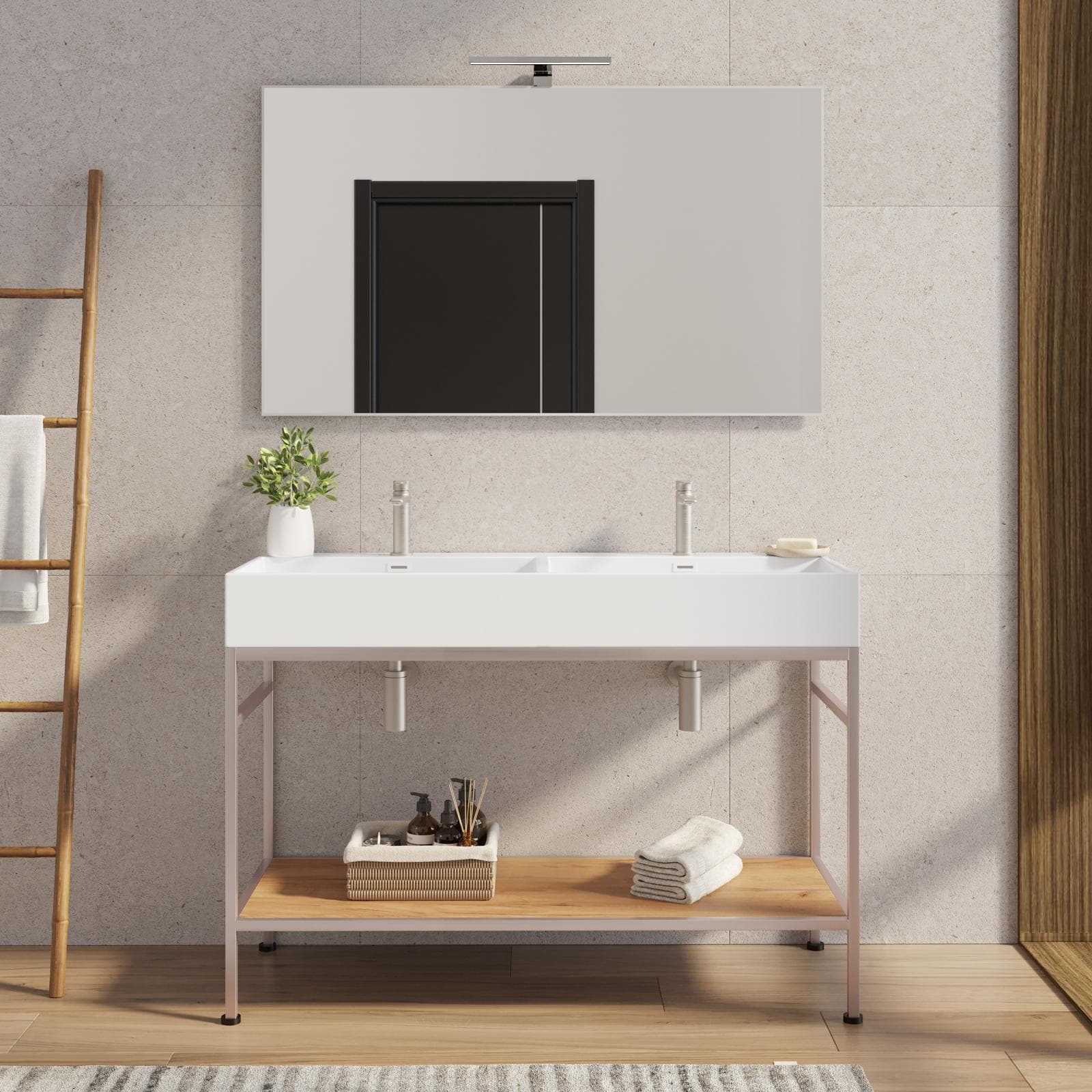 Mobile bagno a terra 120 cm champagne spazzolato e rovere con top lavabo doppio e specchio - Axis