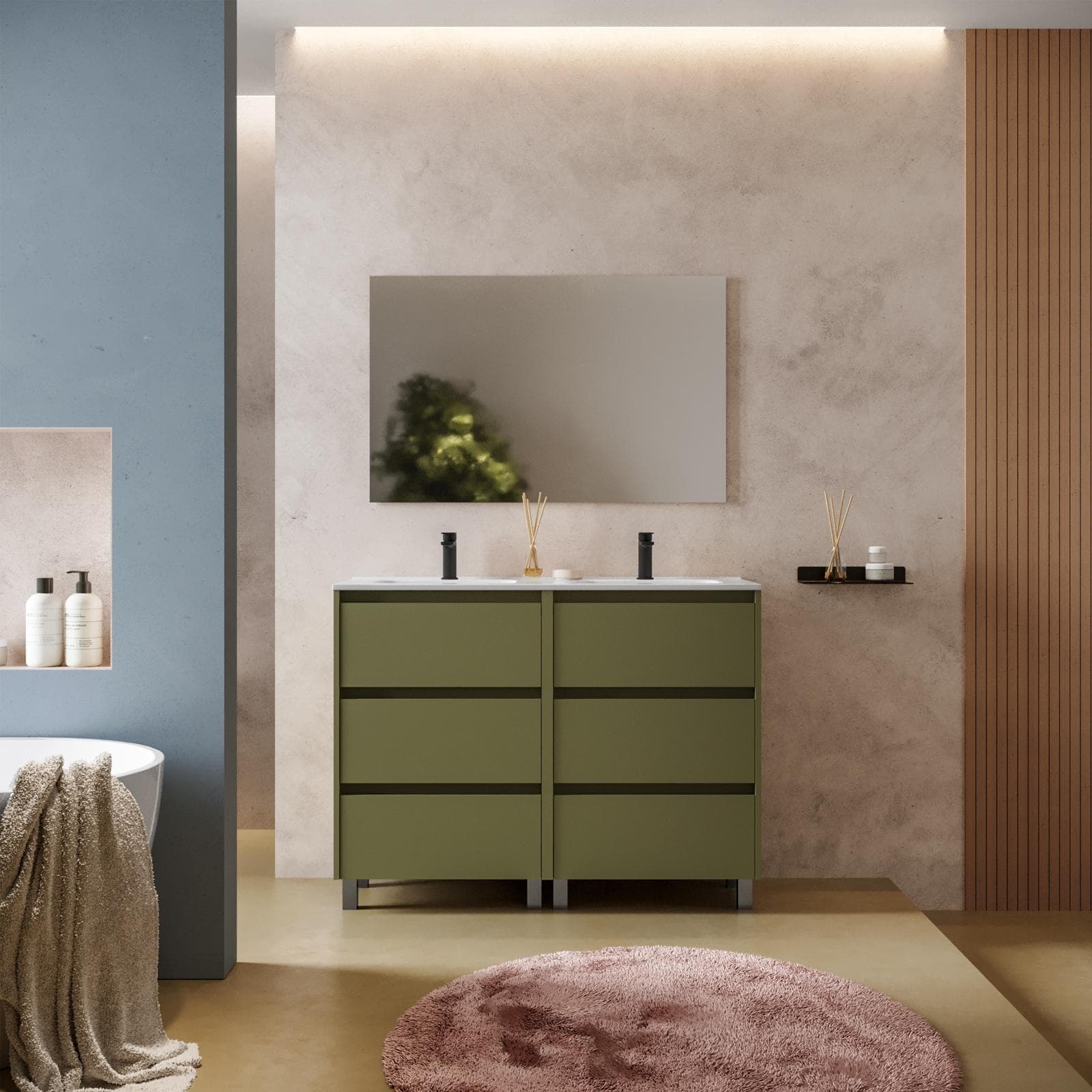 Mobile bagno a terra 120 cm green satinato con lavabo doppio e specchio - Libras