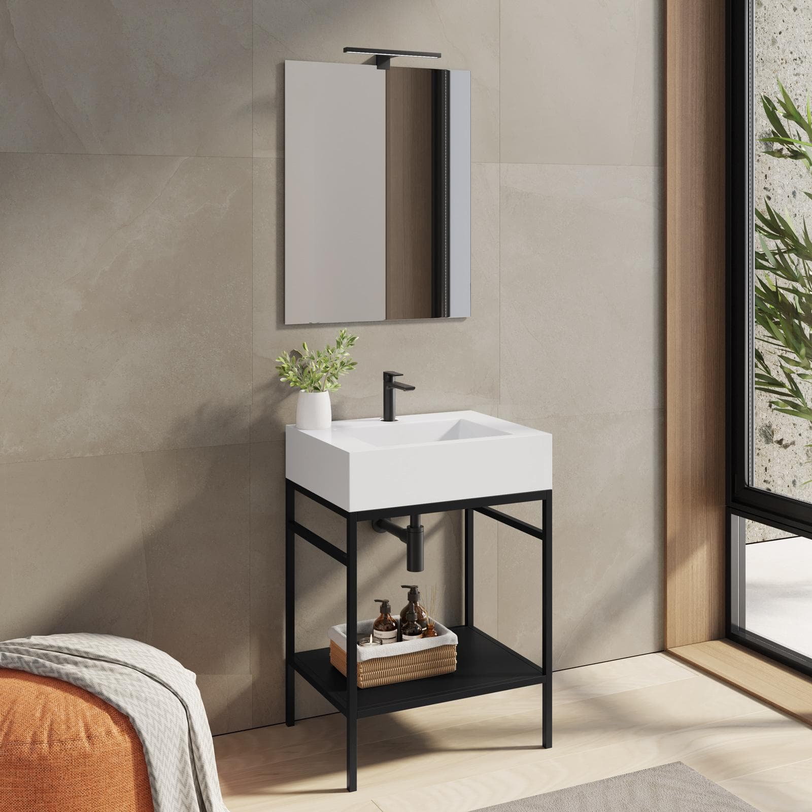 Mobile bagno a terra 60 cm nero opaco con top lavabo e specchio - Axis