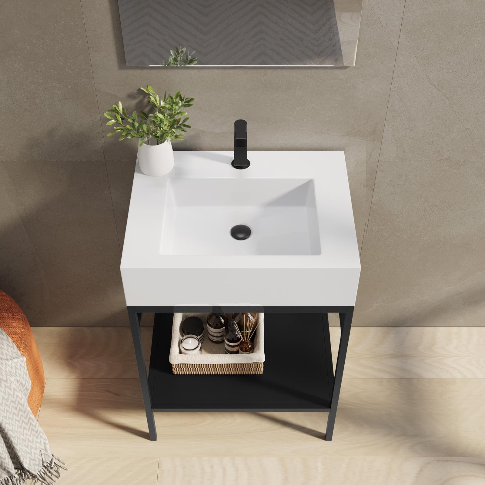 Mobile bagno a terra 60 cm nero opaco con top lavabo e specchio - Axis
