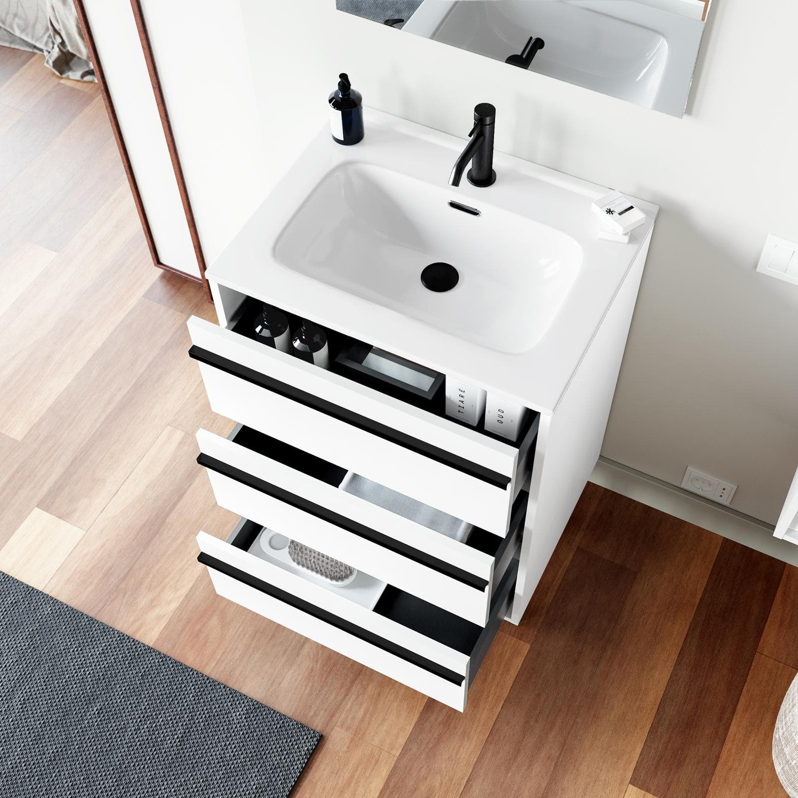 Mobile bagno a terra 60 cm white satinato con lavabo e specchio - Maestro