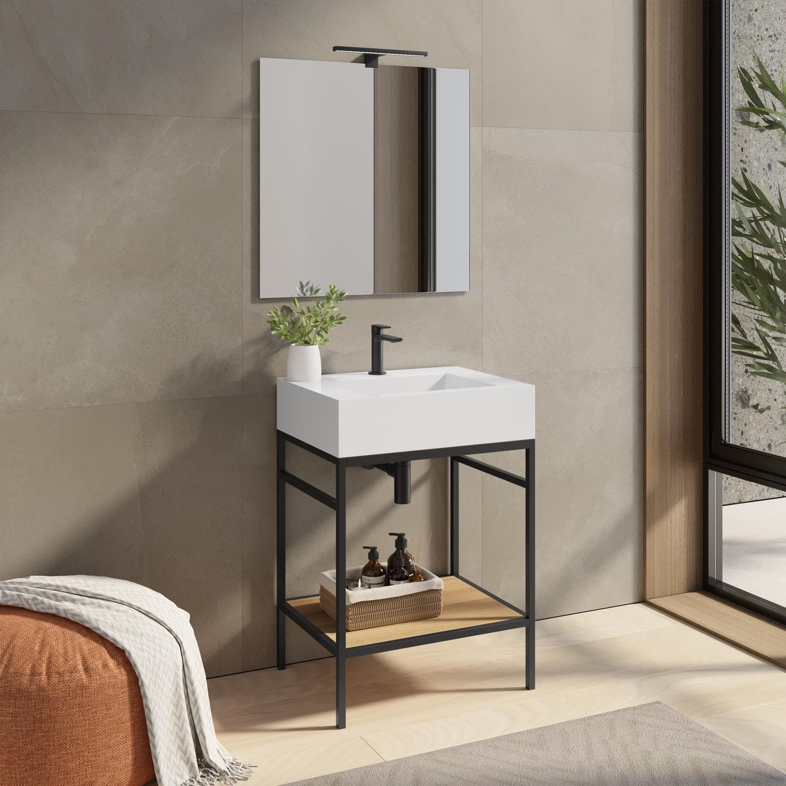 Mobile bagno a terra 70 cm nero e rovere con top lavabo e specchio - Axis