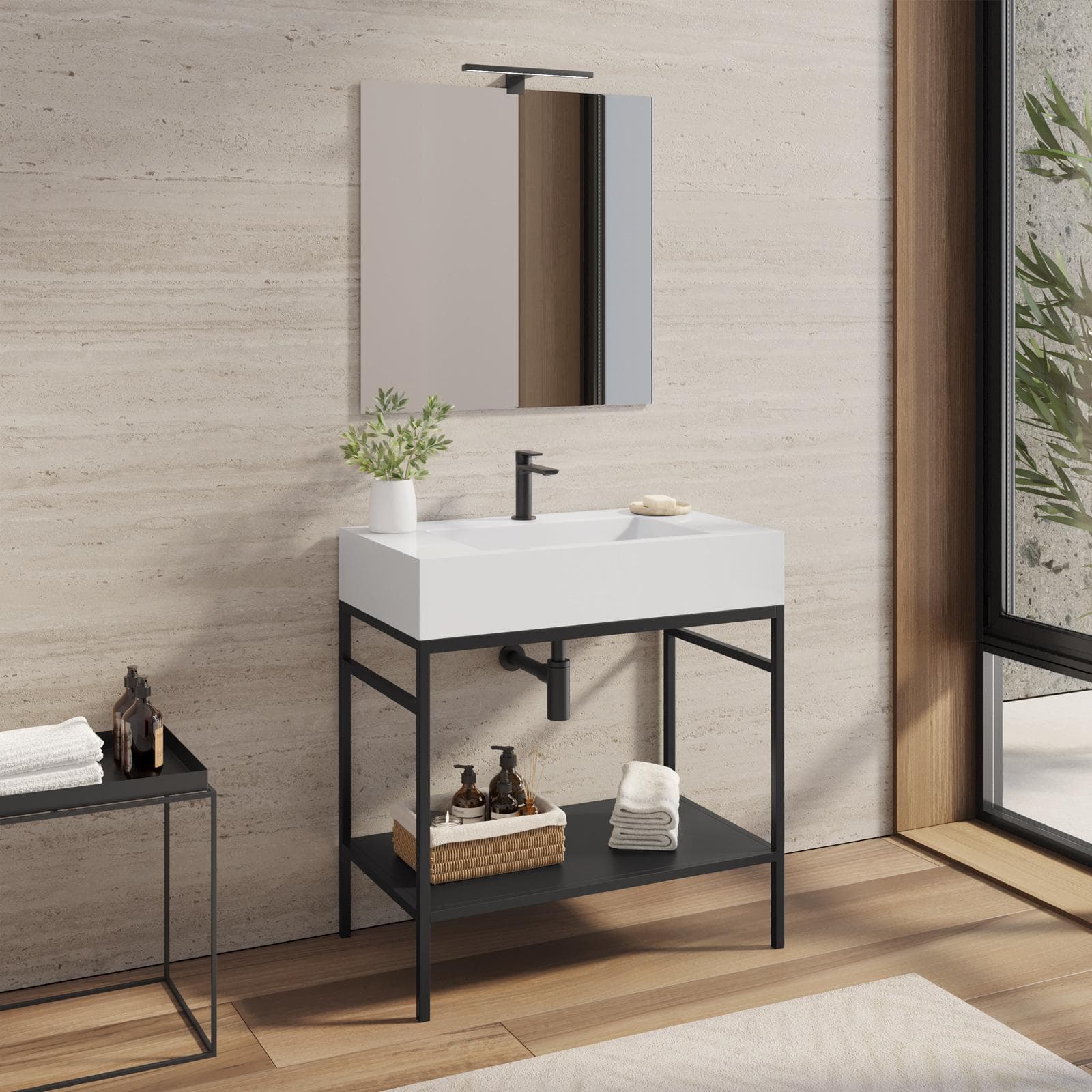 Mobile bagno a terra 80 cm nero opaco con top lavabo e specchio - Axis